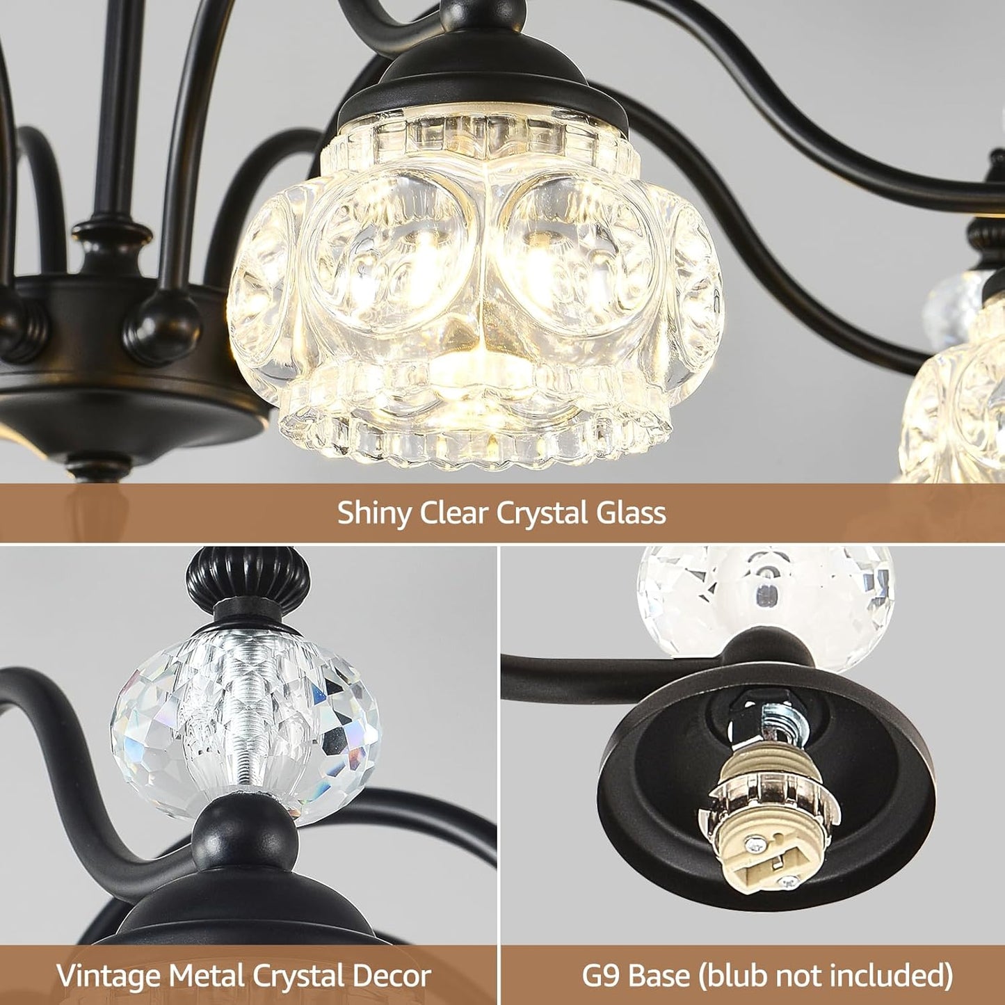 TESTOYS Vintage Crystal Pendant Light Fixture, 5-Light Victorian Black Modern Farmhouse Chandelier Hanging Lighting for Dining