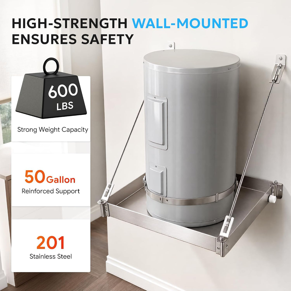 Wall Mounted Water Heater Platform, Up to 50 Gallon / 600 lb Water Heaters