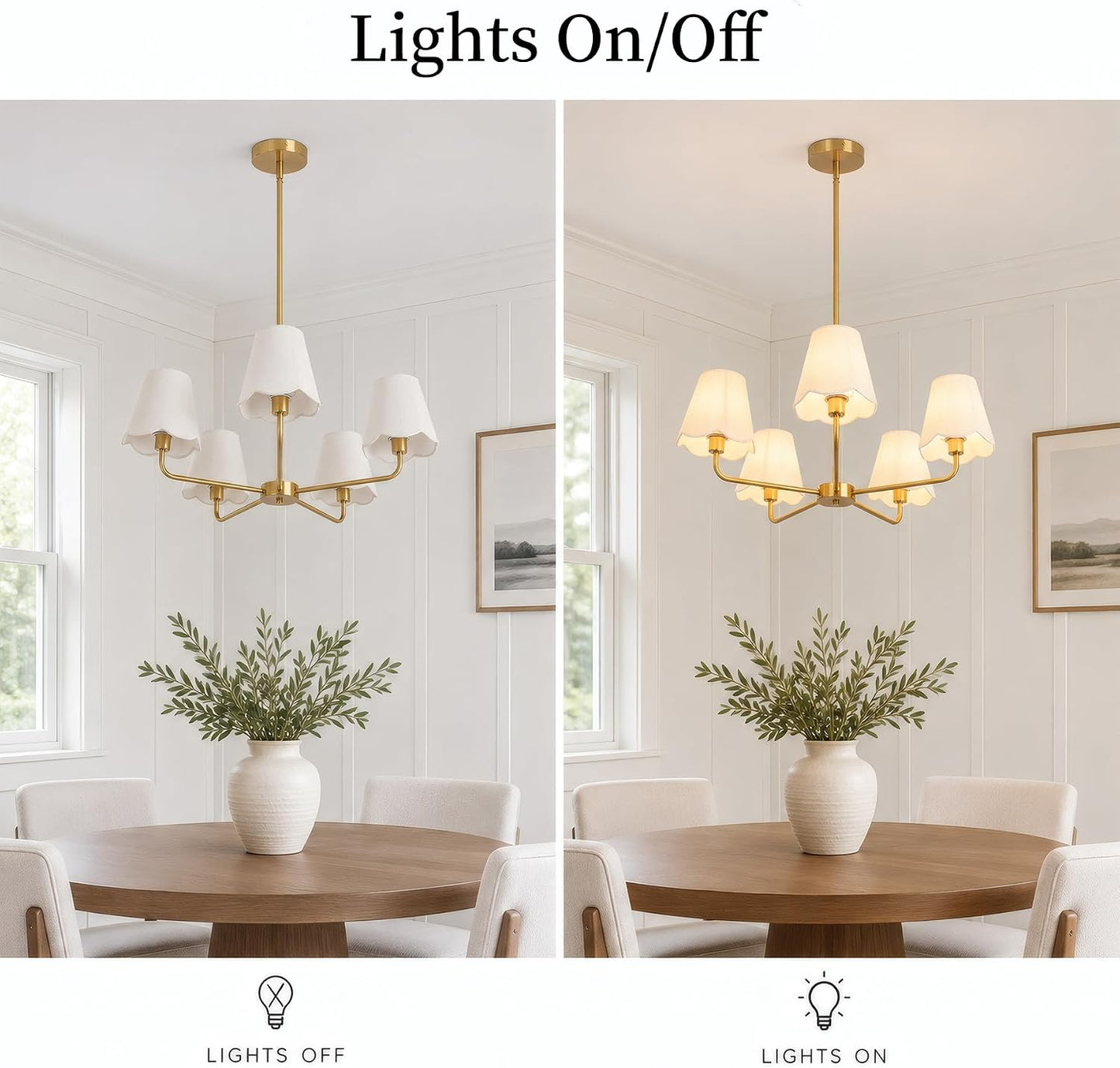 Fandian Brass Gold Chandeliers for Dining Room, 5 Light Antique Modern Chandelier Light Fixture with White Fabric Shade, Classic Kitchen Pendant Lights Over Table for Living Room Bedroom Foyer