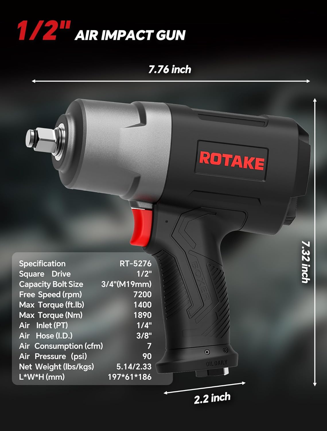 ROTAKE RT-5276 1/2" Air Impact Wrench High Torque, 1400 Ft-Lbs Heavy Duty Pneumatic Impact Gun, Twin Hammer Air Tools for Professional Mechanics, Car & Light Truck Tire Removal