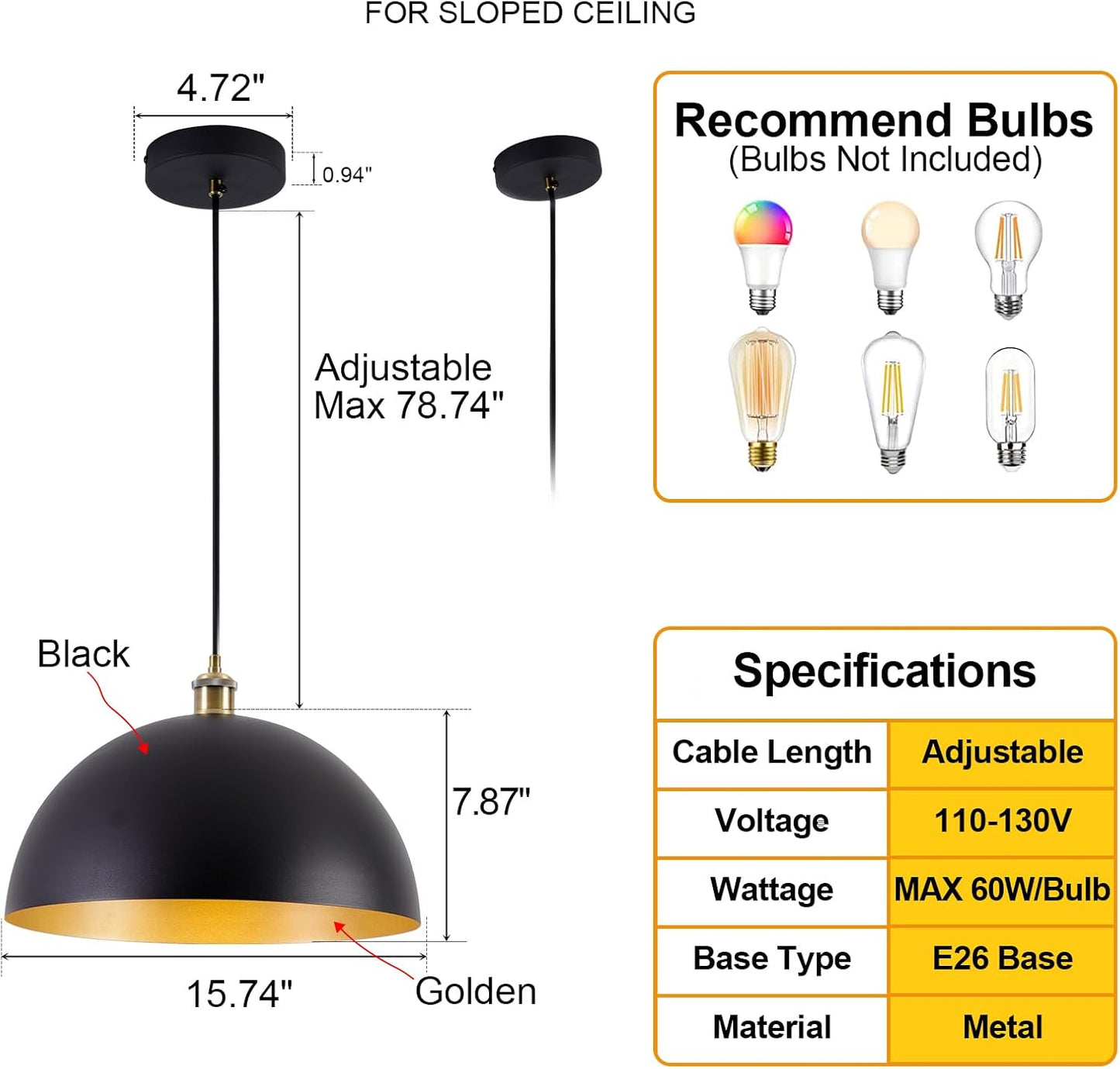 2 Modern Industrial Pendant Light,15.74in Black and Gold Pendant Light, Suitable for Kitchen Island, Bedroom, Dining Room (15.74' Black and Gold 2)