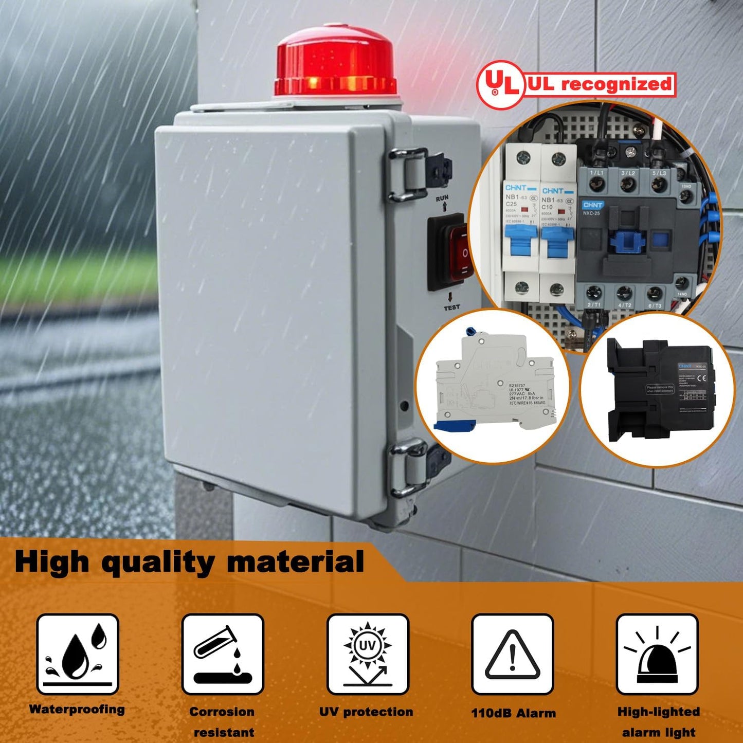 Upgraded Septic Control Panel with Septic Alarm, Pump Circuit Breaker, 14 AWG Power Cord, Float Switch, High Water Septic Tank Alarm with Flashing Lights, 110 DB Audible for Efficient Warning