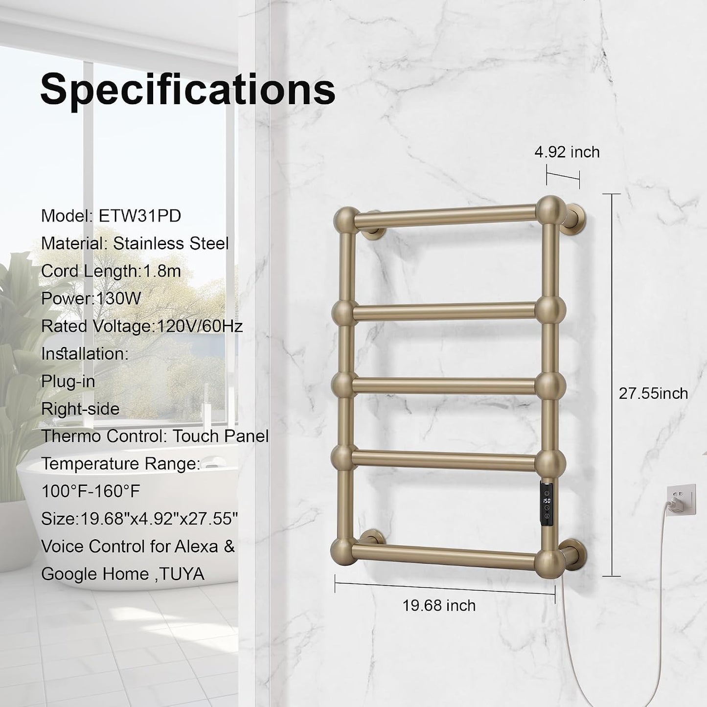 Electric Heated Towel Warmer Rack for Bathroom with Voice Control Alexa & Google Home,TUYA Wall-Mounted,Plug in,Stainless Steel,Brushed Brass,27.56 * 19.69 * 4.92 in,Sphere,Space Saving 5 Bar Brushed Brass With Wifi & Sphere