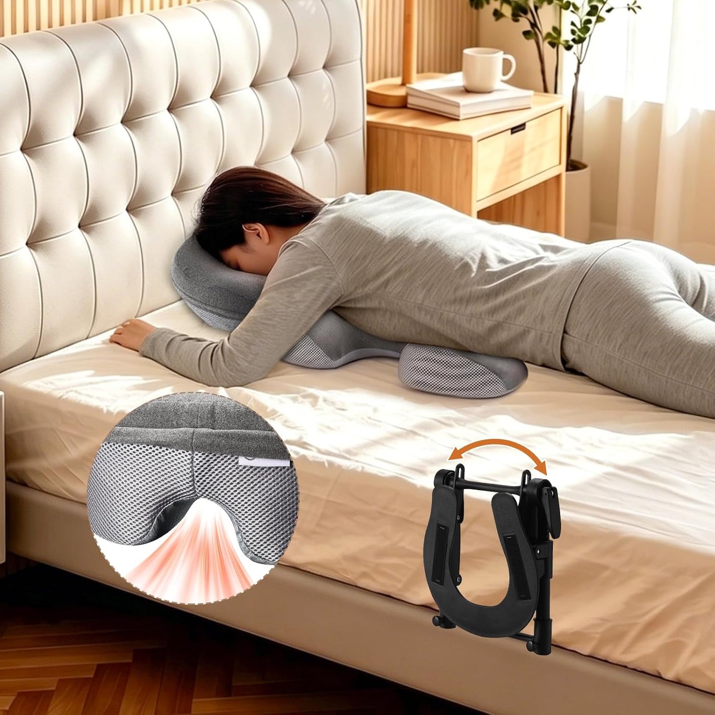 HVDI Massage Headrest for Bed, Height-Adjustable Bed Massage Head Holder, Home Massage Kit, Face Down Pillow After Eye Surgery, Includes Headrest, Chest Cushion, and Armrest Pads(Gray)