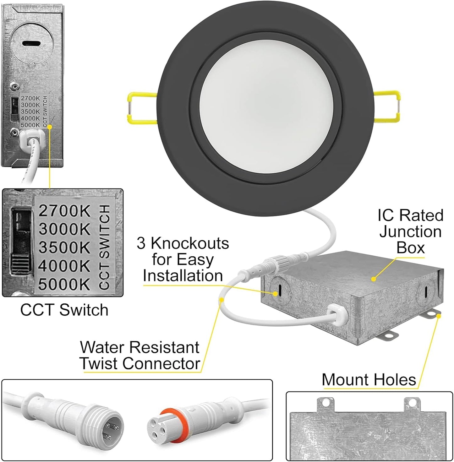 NUWATT | 6 Pack | 4 Inch Gimbal Ultra-Thin LED Recessed Light, 2700K/3000K/3500K/4000K/5000K Selectable, 630 Lumen Dimmable, Black Trim Adjustable