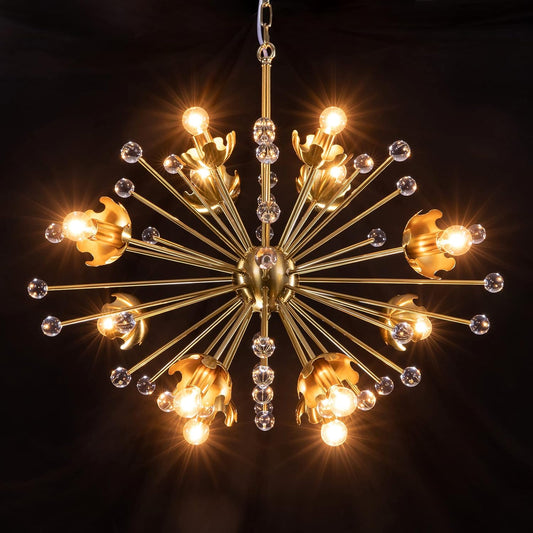 Wellmet Gold Sputnik Chandelier, 12-Light Mid-Century Modern Chandelier Light Fixture for Foyer, Dining Room, Firework Starburst Chandelier for