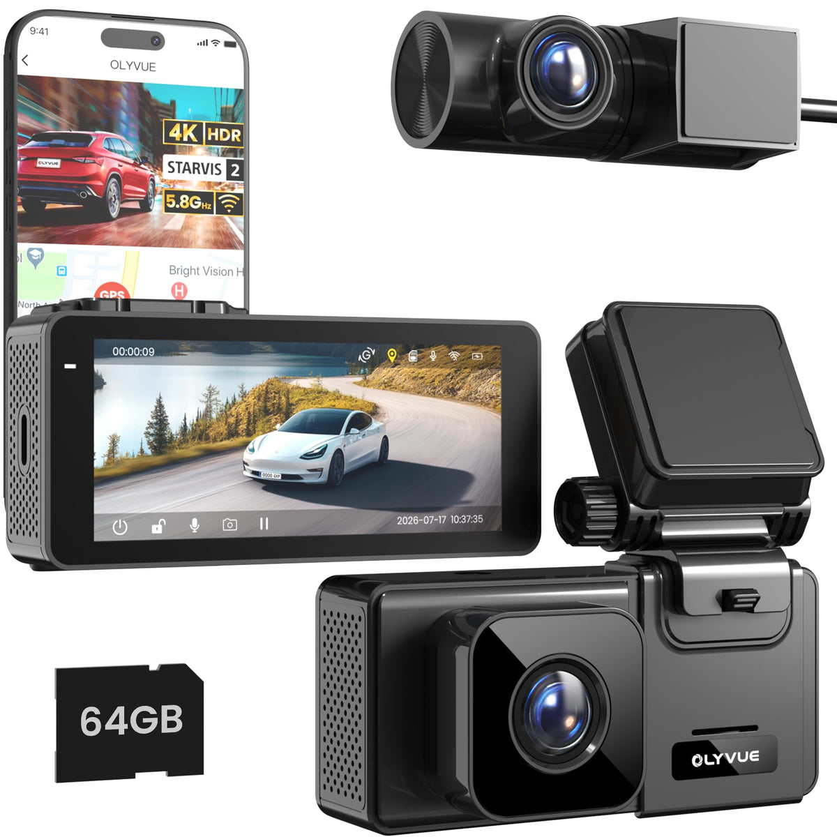 V77 Dash Cam Front and Back 4K+1080P for Cars, STARVIS 2 + STARVIS 2 Sensors Dash Cam Front and Rear Wireless, 64GB Card Included, 5.8G WiFi Fastest Download Speed