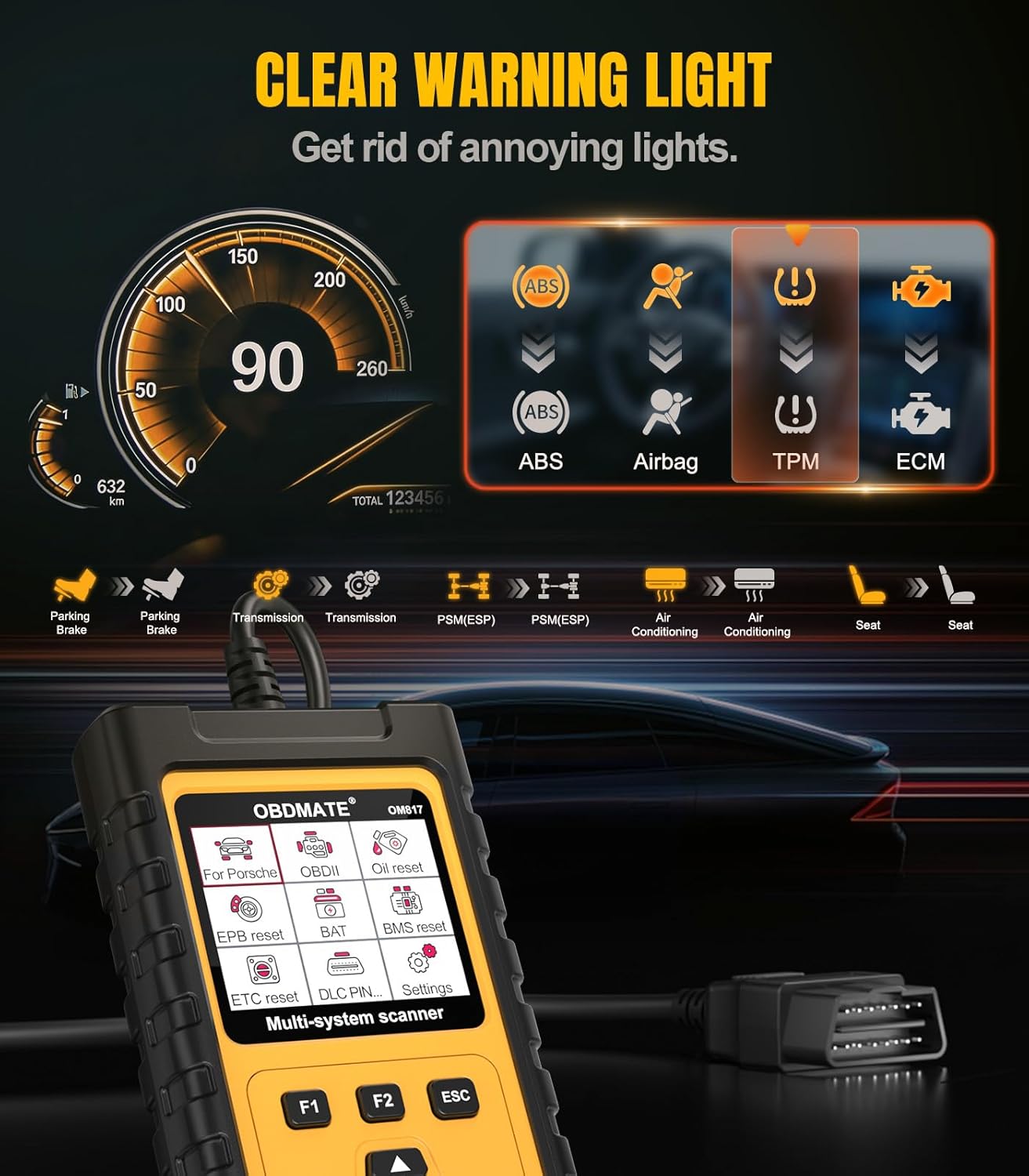 OBD2 Scanner for Porsche, OM817 Full System Diagnostic Tool, 10 Popular Reset Services, Read&Clear Codes, Auto VIN, Battery Test, One-Key I/M Readiness, No Subscriptions Lifetime Update