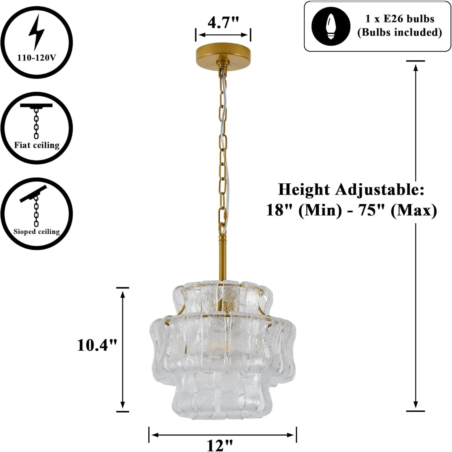12 Inch Modern Gold Clear Glass Round Chandelier | 1-Light 3-Tier Layered Glass Ceiling Light Fixture for Bedroom, Entryway, Kitchen, Hallway, Closet Gold - Clear Glass 12"