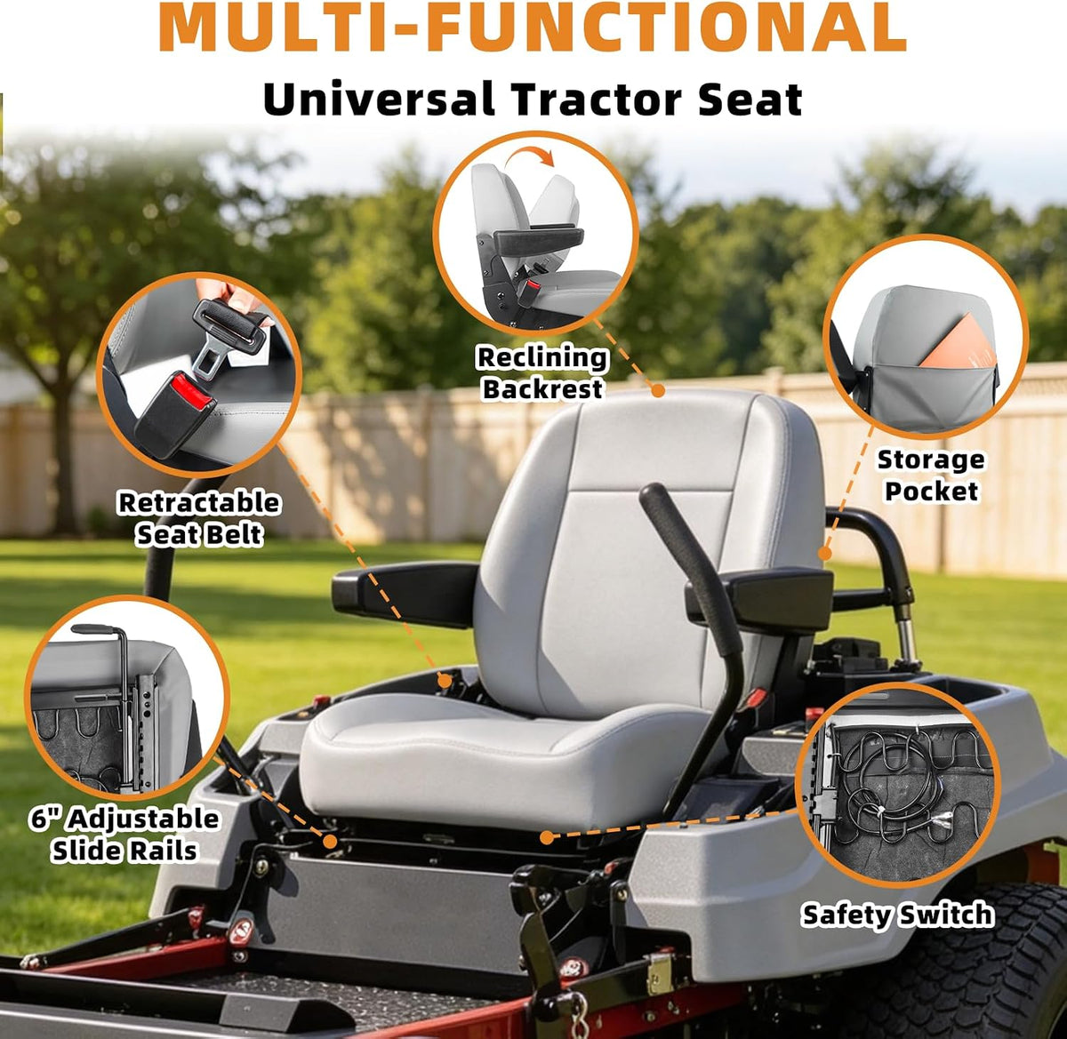 Universal Grey Tractor Seat Comfortable Lawn Mower Seat with Safety Feature Gray