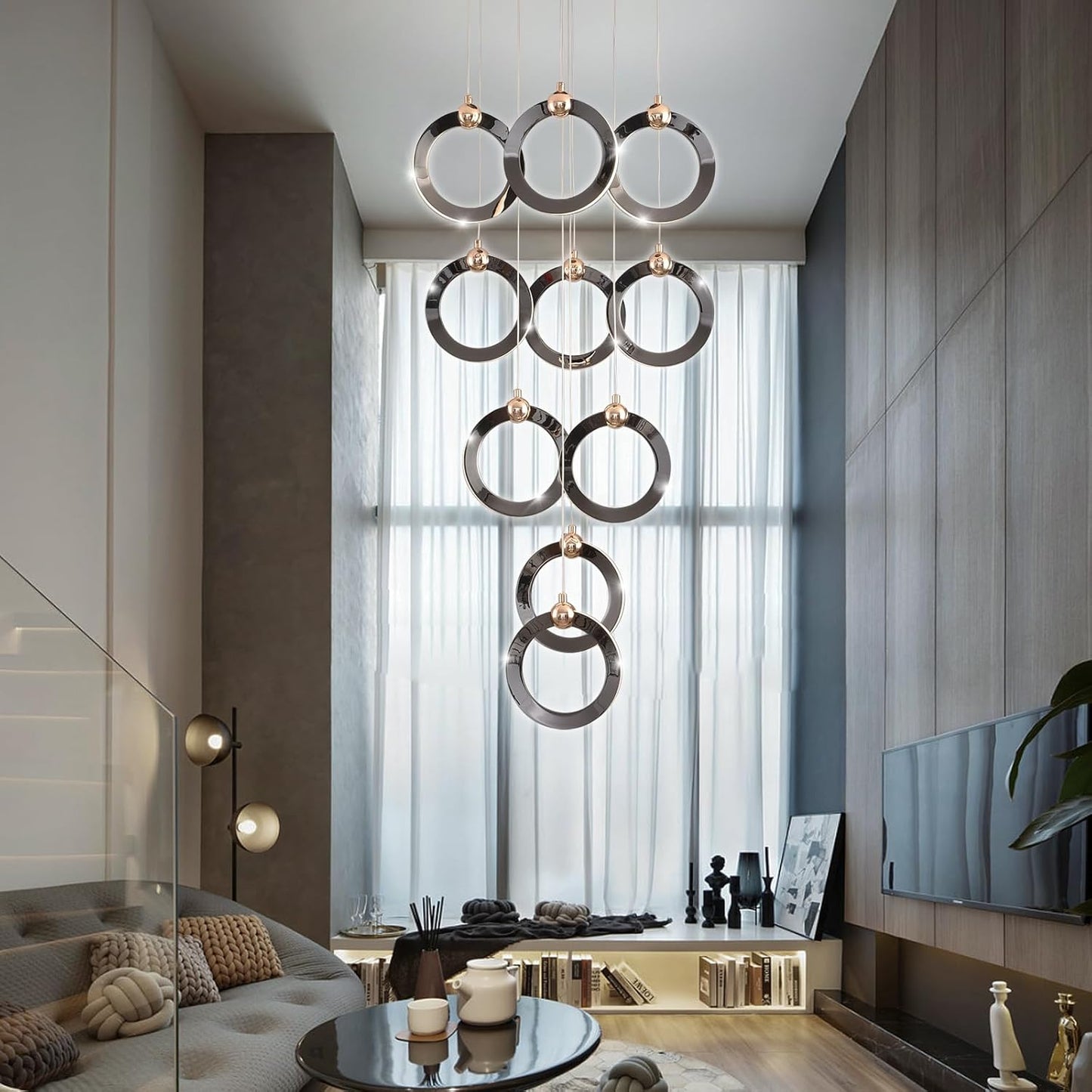 Modern Chandelier Dimmable 10 Rings Electroplating Process with Remote Control, Height Adjustable Creative Acrylic Lampshade Elegant Artistic Home