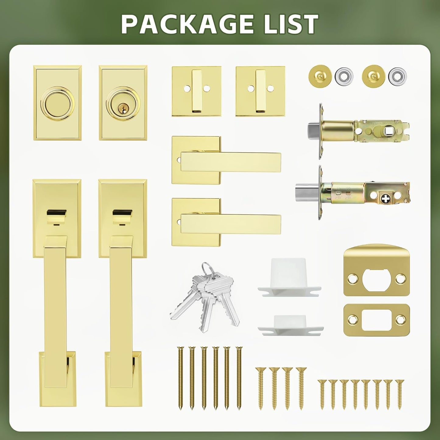 Double Front Door Lock Set, Polished Brass Square Front Door Hardware Set with Dummy