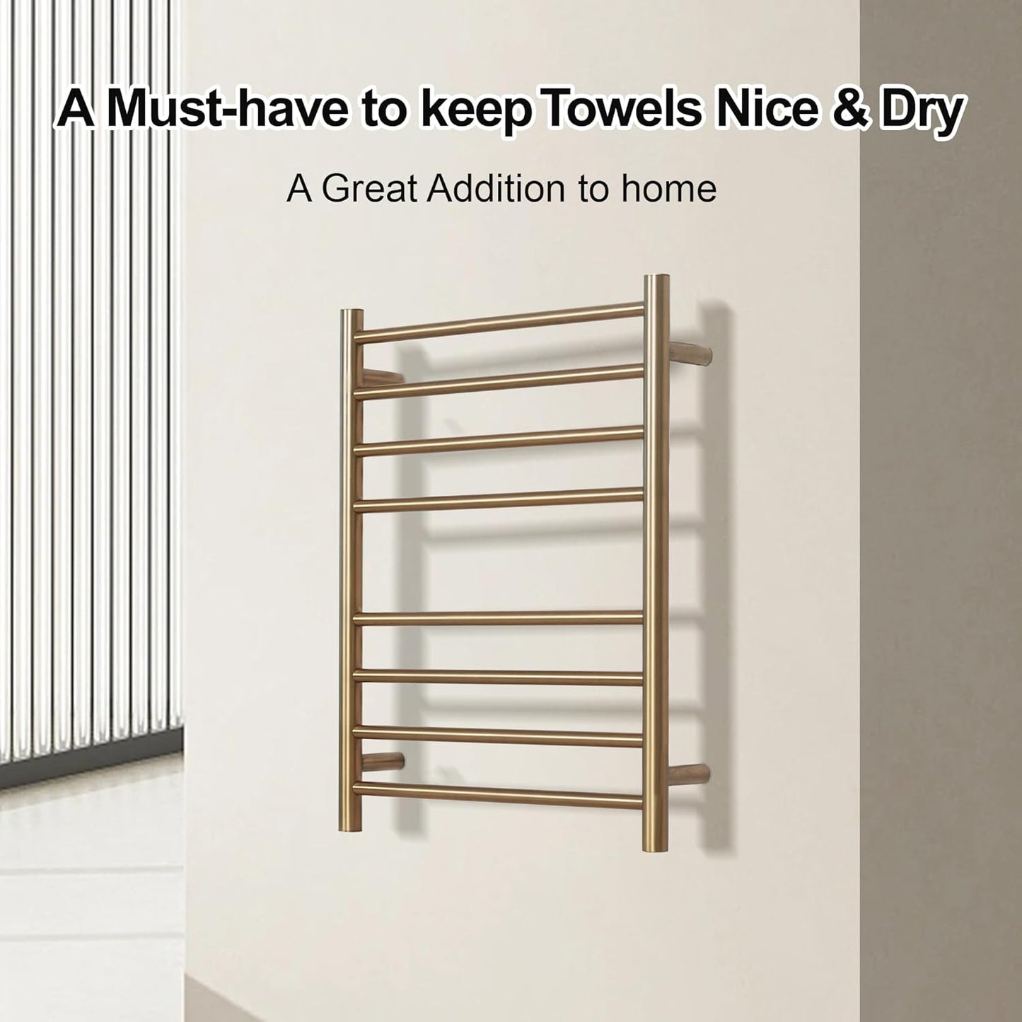 Electric Heated Towel Warmer, Wall Mounted Bathroom Towel Rack, Plug-in Design, Brushed Gold Stainless Steel Finish 8 Bar  with Single Press
