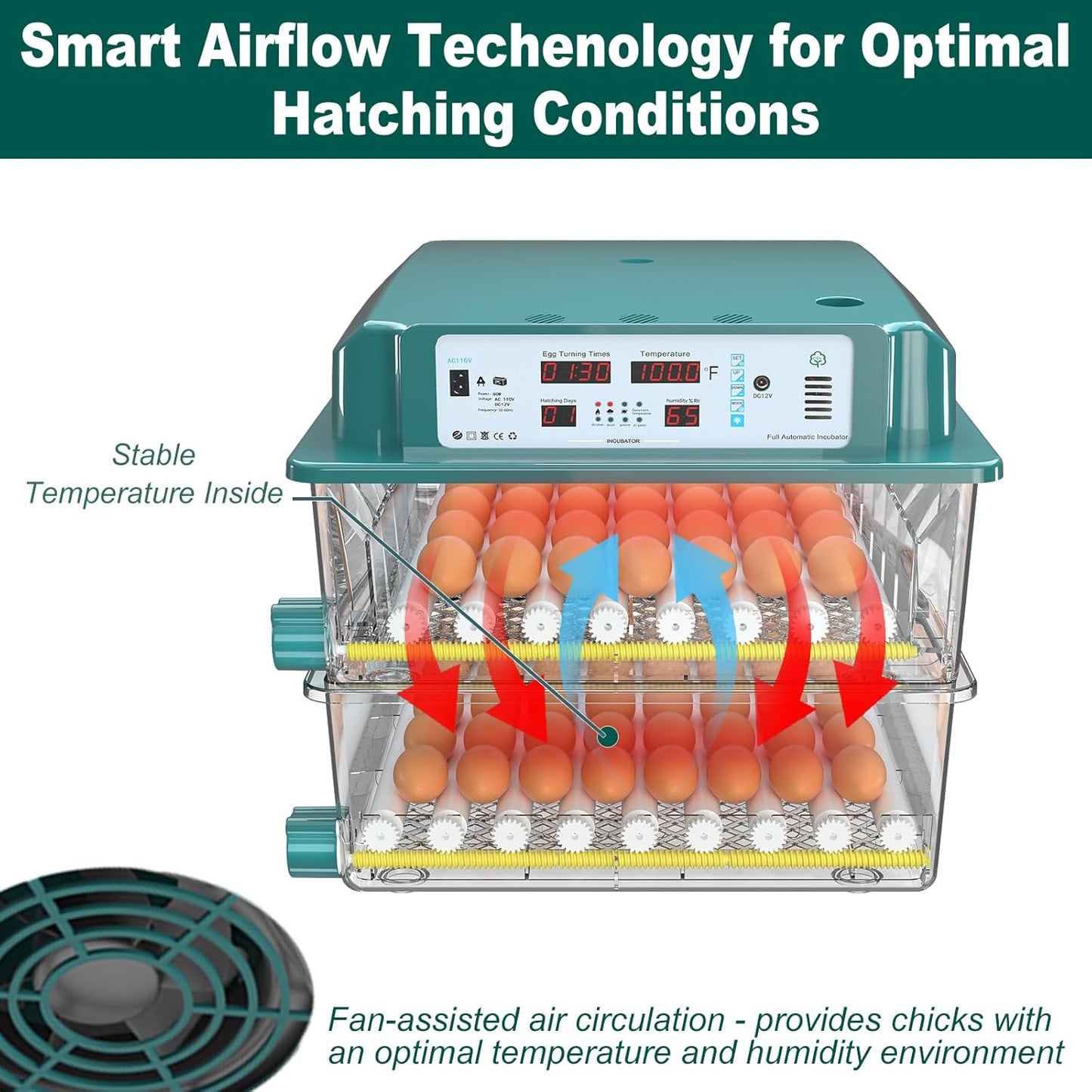 120 Egg Incubator, Incubator for Chicken Eggs with Automatic Egg Turning and Humidity Monitors, 5 Automatic Incubation Modes