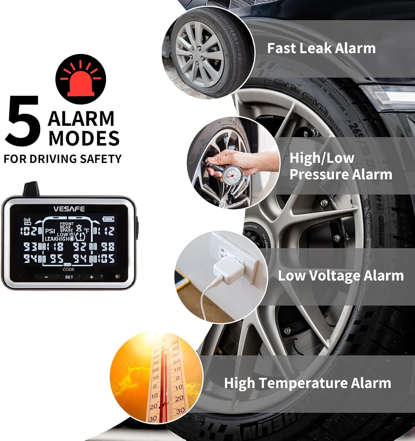 VESAFE TPMS, Wireless Tire Pressure Monitoring System for RV, Trailer, Coach, Motor Home, Fifth Wheel, Including 4 Anti-Theft sensors.