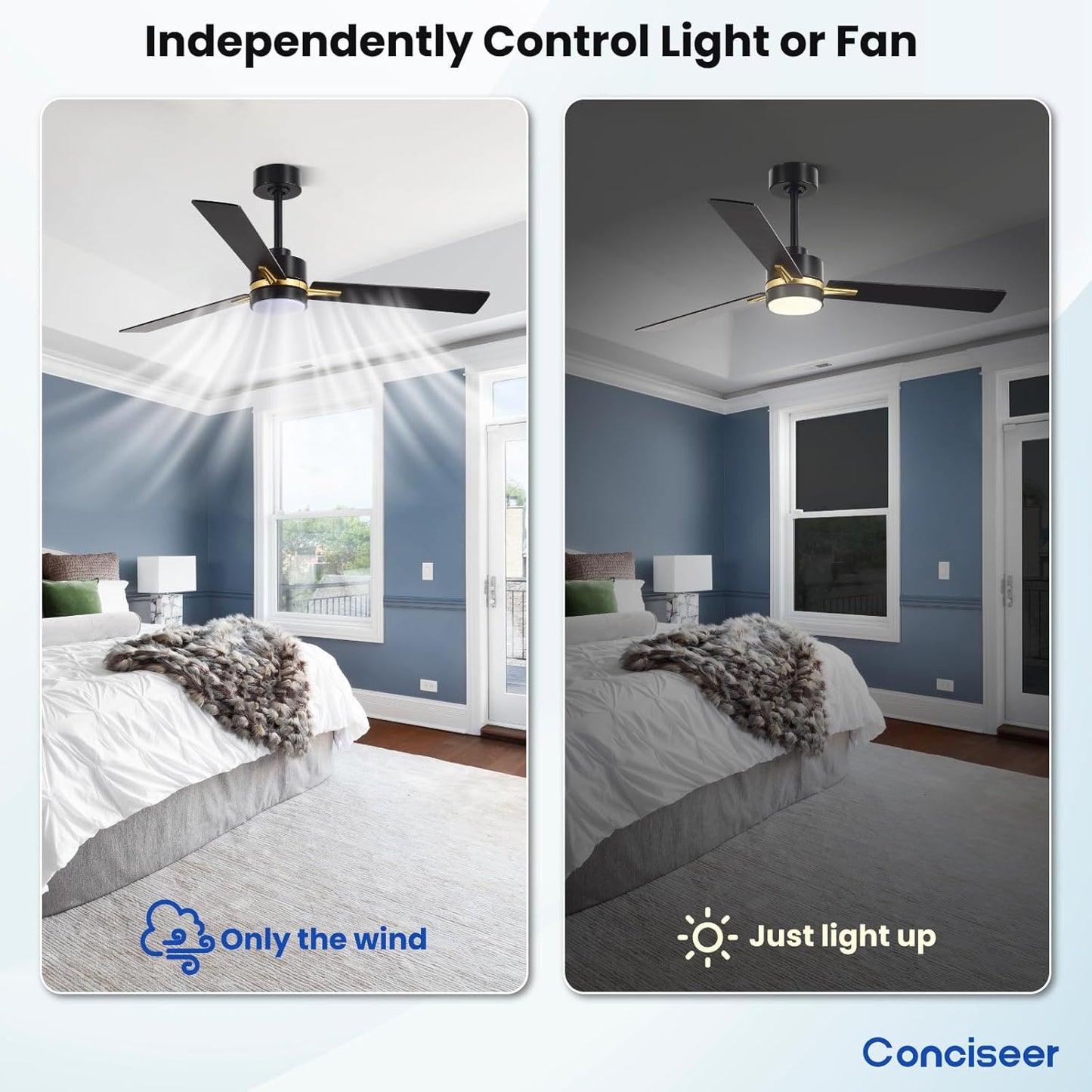 Conciseer Morden Ceiling Fans with Lights,52 inches Ceiling Fans with Remote for Bedroom Living Room Kitchen, 3 Blades 6 Speed Reversible Quiet DC