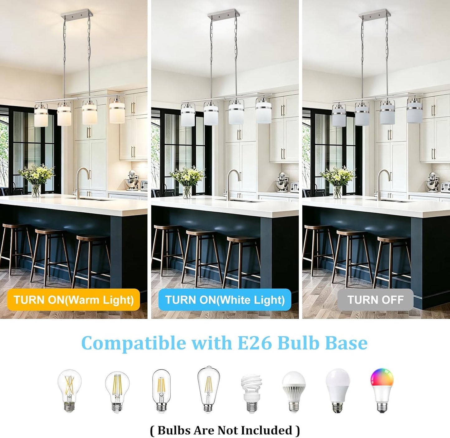 4 Light Kitchen Island Lighting, Brushed Nickel Dining Room Light Fixture with Milk Glass Shade, Adjustable Height Modern Chandelier Pendant Light for Dining Table Living Room Brushed Nickel, Milk Glass 4-Lights