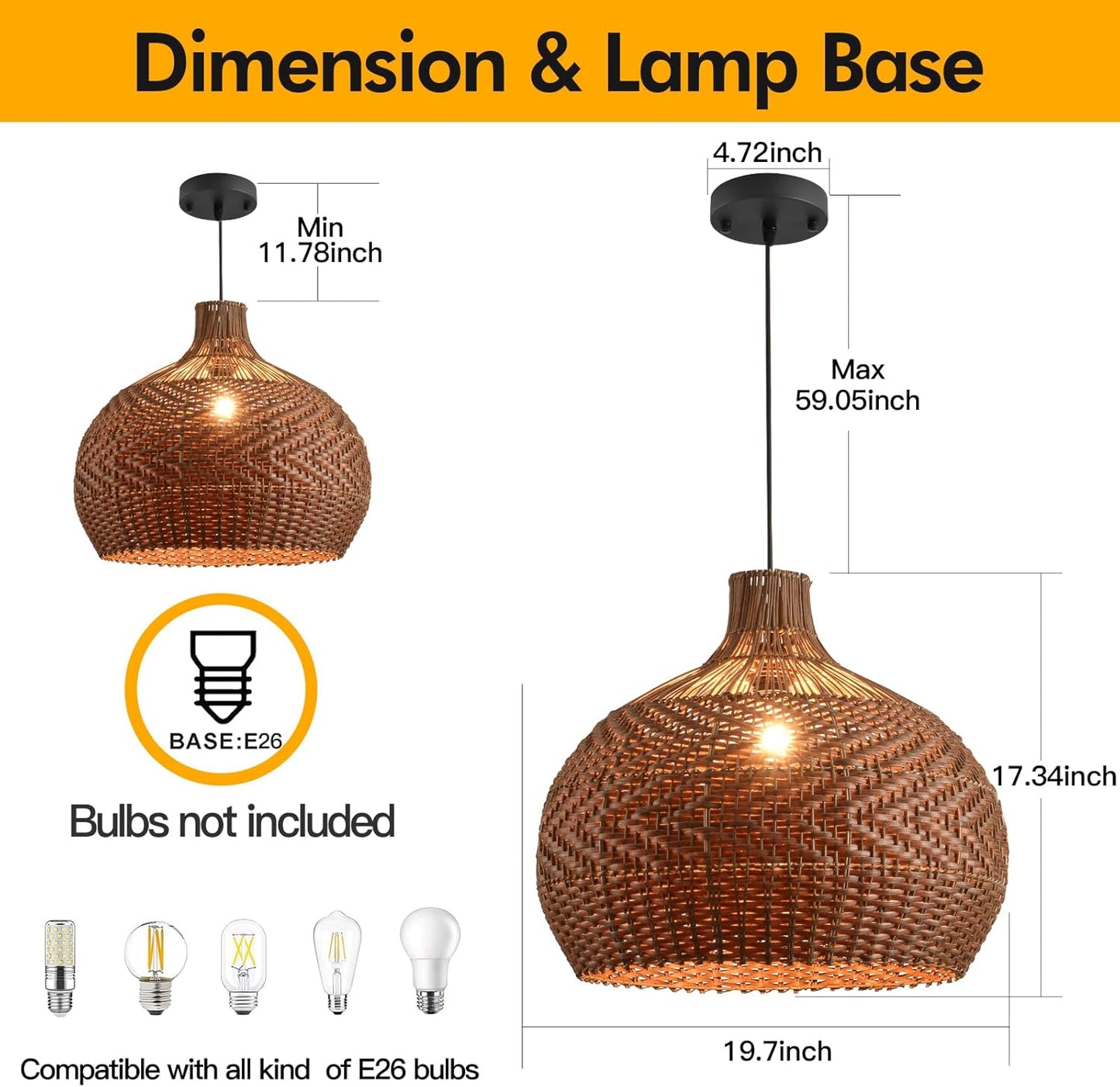 LHJIHFU Rattan Light Fixture Pendant Light, Modern Hand Woven Coffee Rattan Ceiling Hanging Pendant Light for Kitchen Island Dining Room Living Room