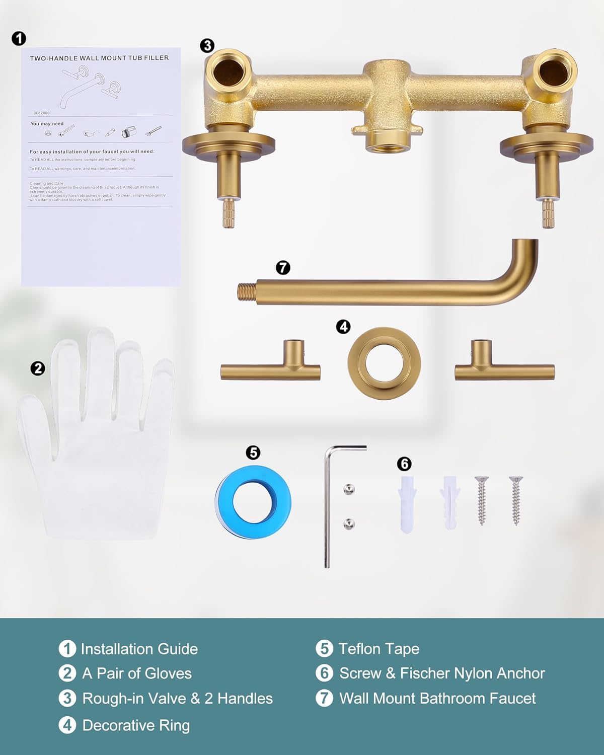 Wall Mount Tub Filler: Gold Tub Faucet High Flow Two Handles Solid Brass, Long Spout Reach with Brass Rough in Valve Included