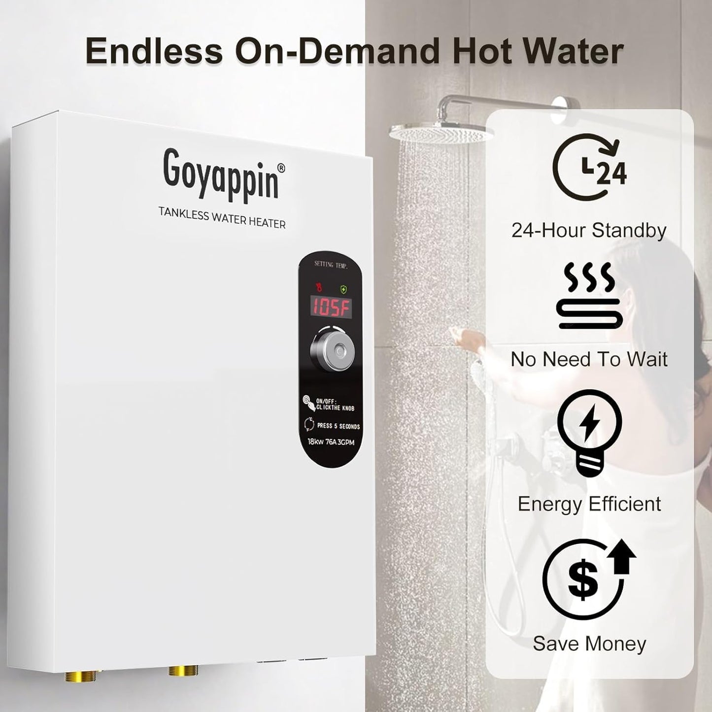 Tankless Water Heater Electric 240V, 18kW On Demand Hot Water Heater Electric, Self Modulates Instant Hot Water Heater, LED Display Electric Tankless