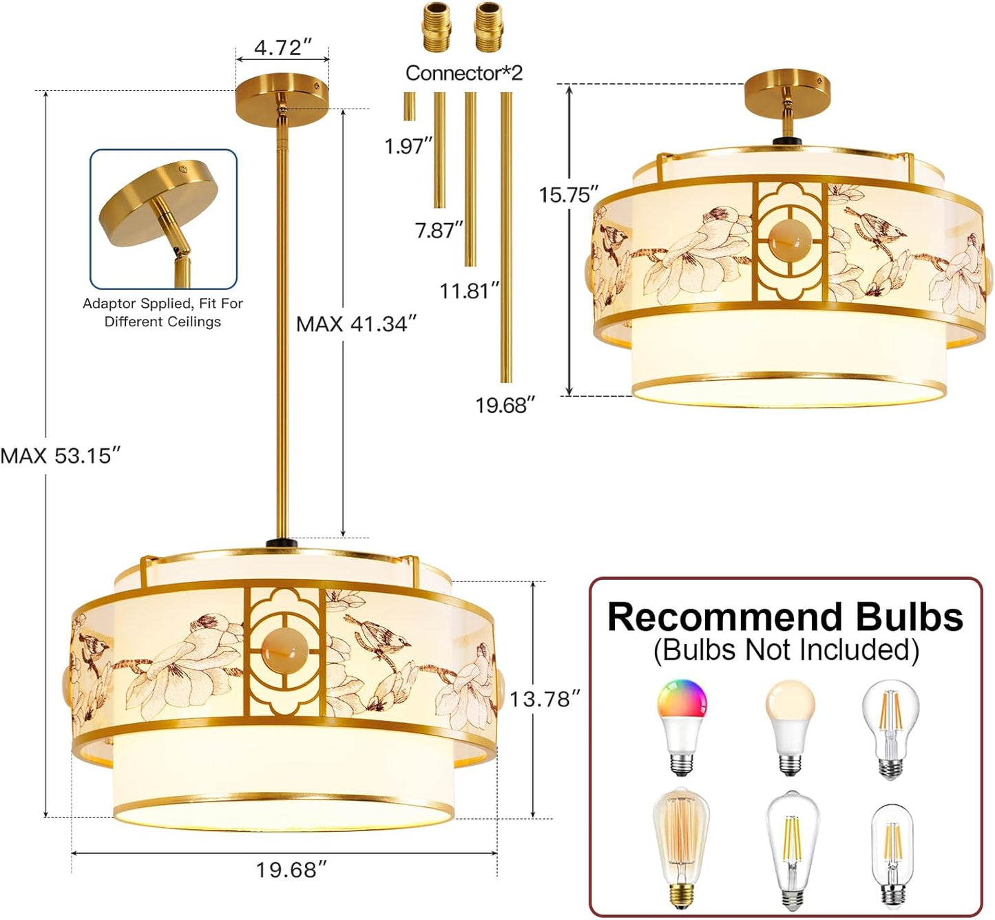 Modern Classic - Drum-Shaped Chandelier, 19.6-inch Round cage-Style lamp, with White and Gold finishes.