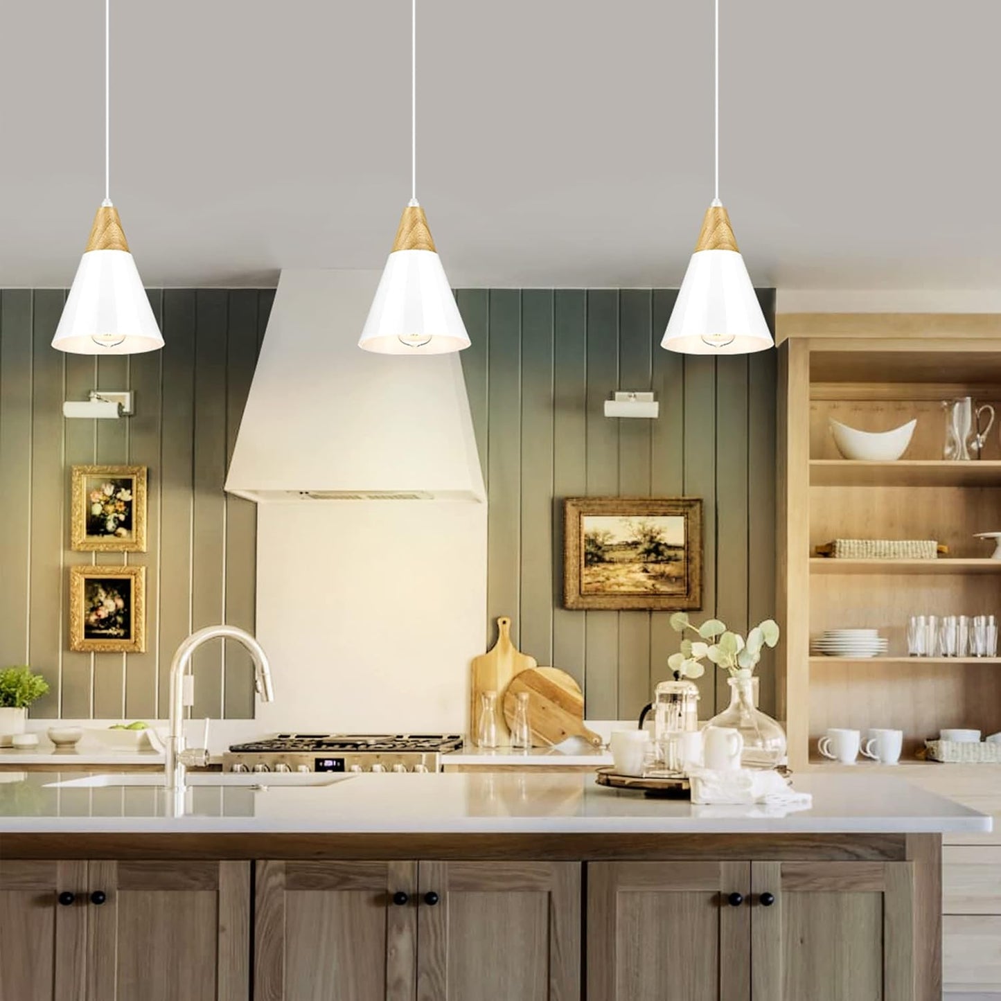 HUNEASON Pendant Lights, Modern Hanging Lamp Adjustable Height, Industrial Ceiling Pendant Lighting with Wood and Metal Shade, for Kitchen Island