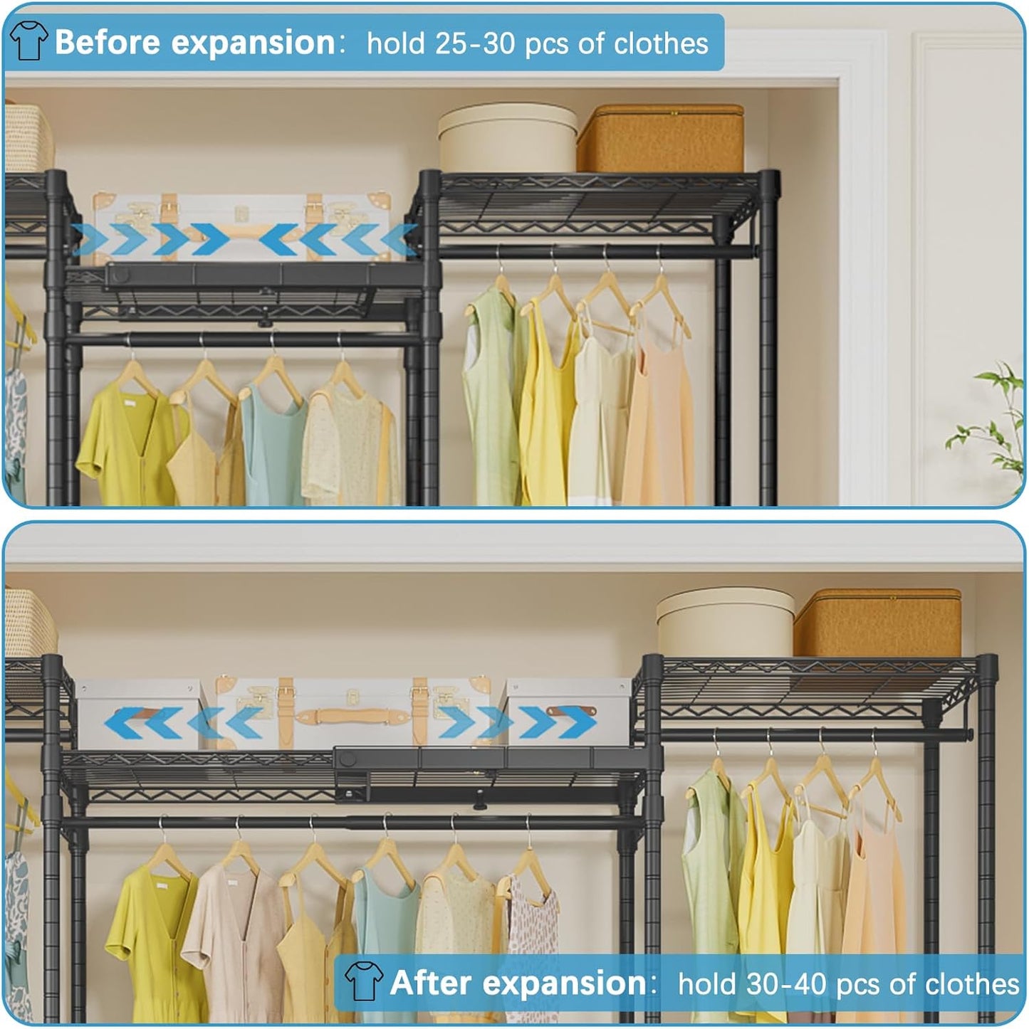 X5 Heavy Duty Clothing Rack for Hanging Clothes, Large Freestanding Portable Closet Expandable Clothes Rack with 4 Hanging Rods & 8 Wire Shelves,