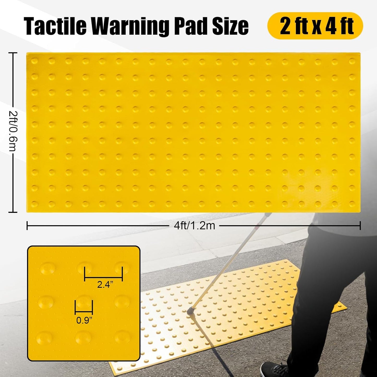 Tactile Warning Pad，ADA Warning Pads, 2x4 FT Vibrant Yellow PVC, Strip & Stick Adhesive Backing for for Outdoor Steps, Ramps, Transit Platforms