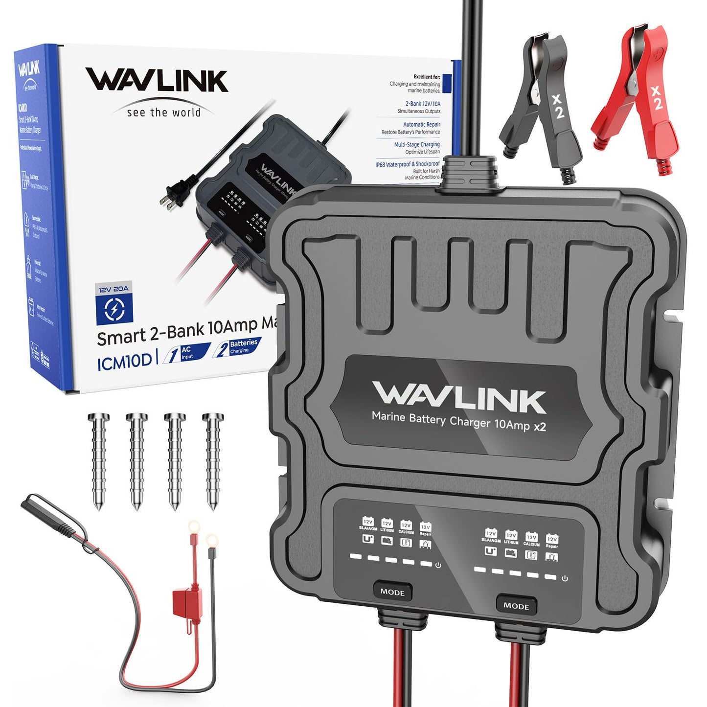 Wavlink 2 Bank 20A Marine Battery Charger 12V IP68 Onboard Battery Charger | 10A Per Bank, Multi-Stage Charging & Desulfating Repair, Multi-Protection, Fits SLA/AGM/LiFePO4/Calcium Batteries