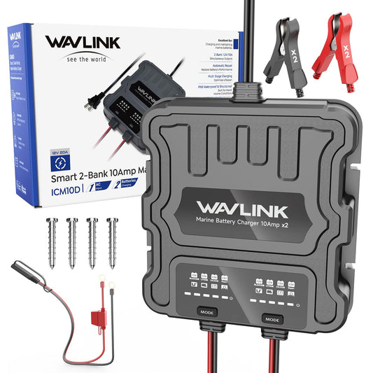 Wavlink 2 Bank 20A Marine Battery Charger 12V IP68 Onboard Battery Charger | 10A Per Bank, Multi-Stage Charging & Desulfating Repair, Multi-Protection, Fits SLA/AGM/LiFePO4/Calcium Batteries
