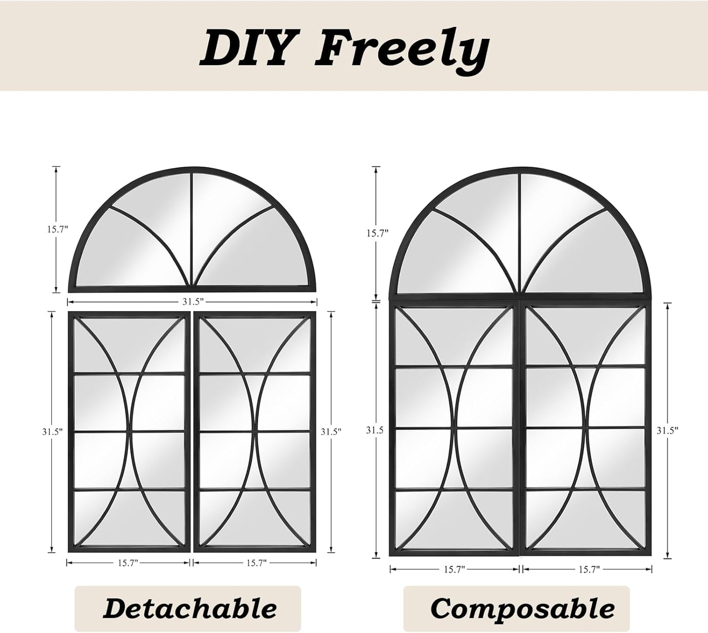 NXHOME Arched Window Black Mirror, 47.2431.5' Set of 3pcs,Spliced Detachable Composable Metal Wall Mirror Windowpane Decoration for Entryway Living