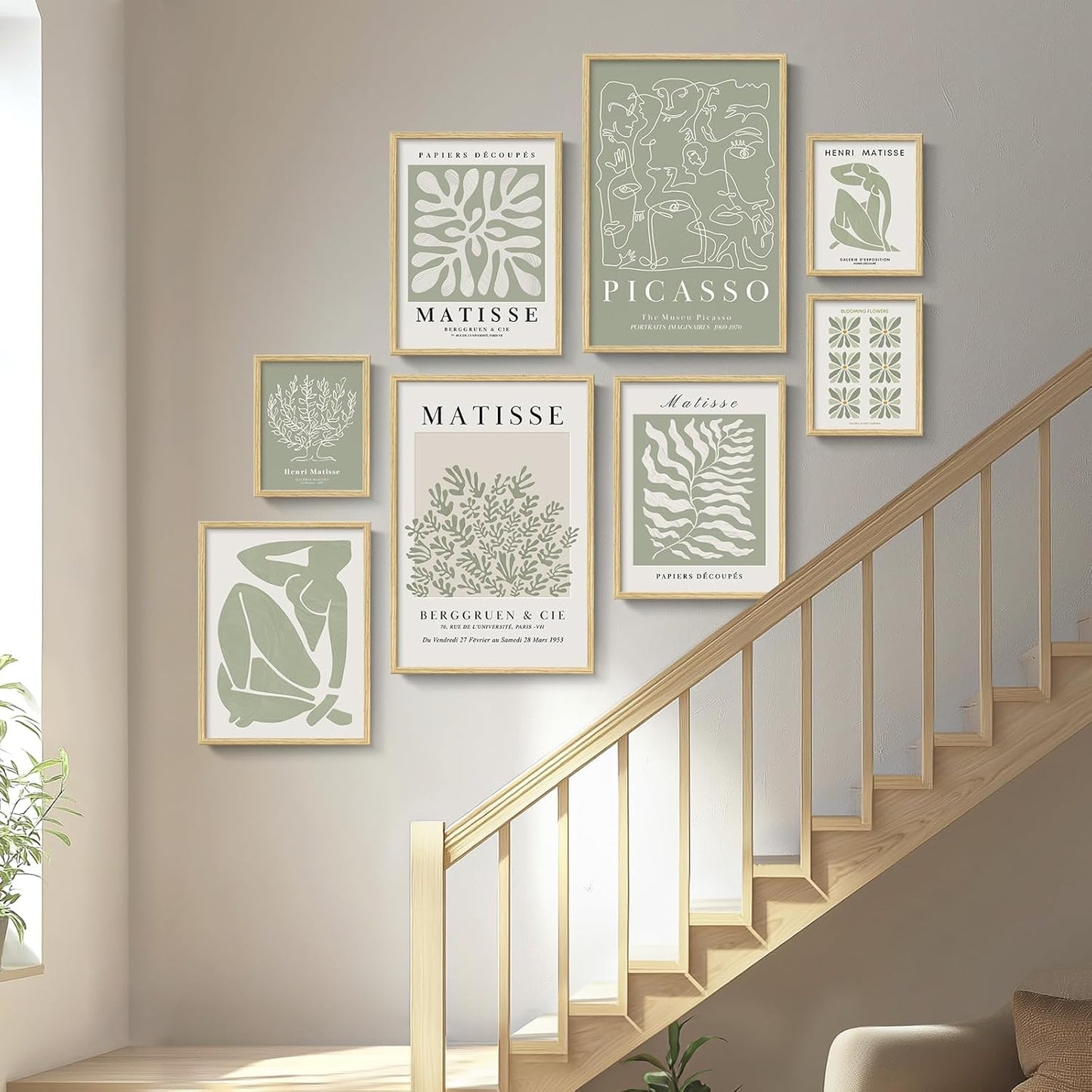 Framed Large Sage Green Matisse Wall Art for Living Room & Bedroom Decor - 8 Piece Vintage Matisse Canvas Artwork Prints Set, Abstract Botanical Wall