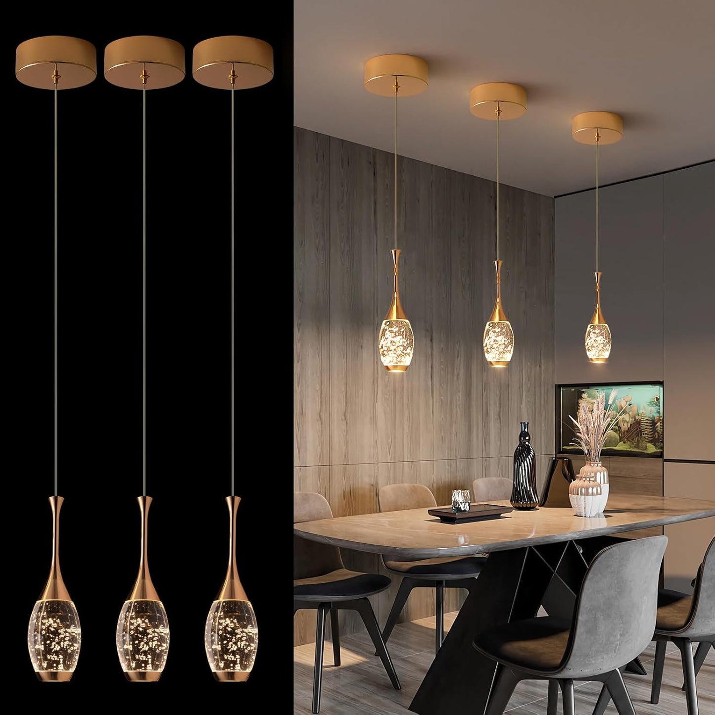 Modern Gold Pendant Light Fixtures, Crystal Pendant Lights with 3-Color, 3 Light Pendant Lights for Kitchen Island, Restaurants, Dining Room,