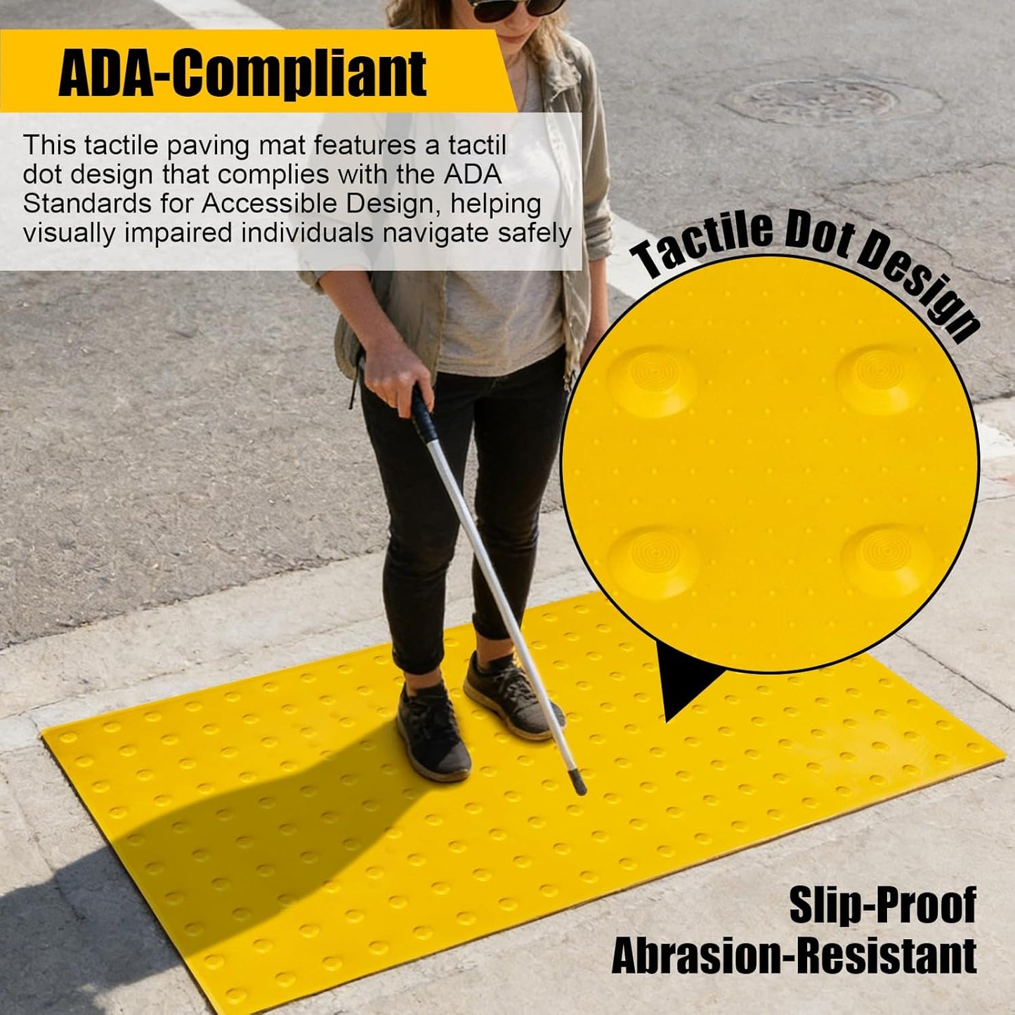Tactile Warning Pad，ADA Warning Pads, 2x4 FT Vibrant Yellow PVC, Strip & Stick Adhesive Backing for for Outdoor Steps, Ramps, Transit Platforms