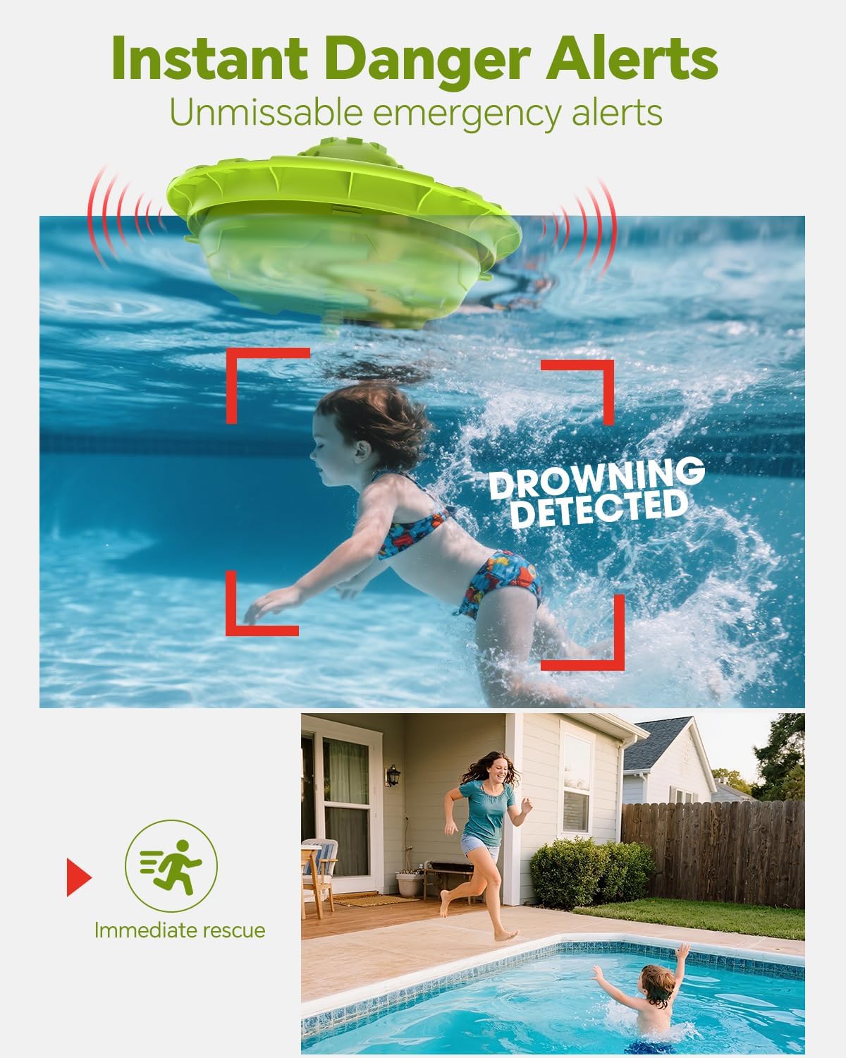 Pool Alarm, Floating Pool Safety Alarms for Inground & Above Ground Pools – Loud 110dB Alert, Adjustable Sensitivity, Protection for Kids & Pets (Green)
