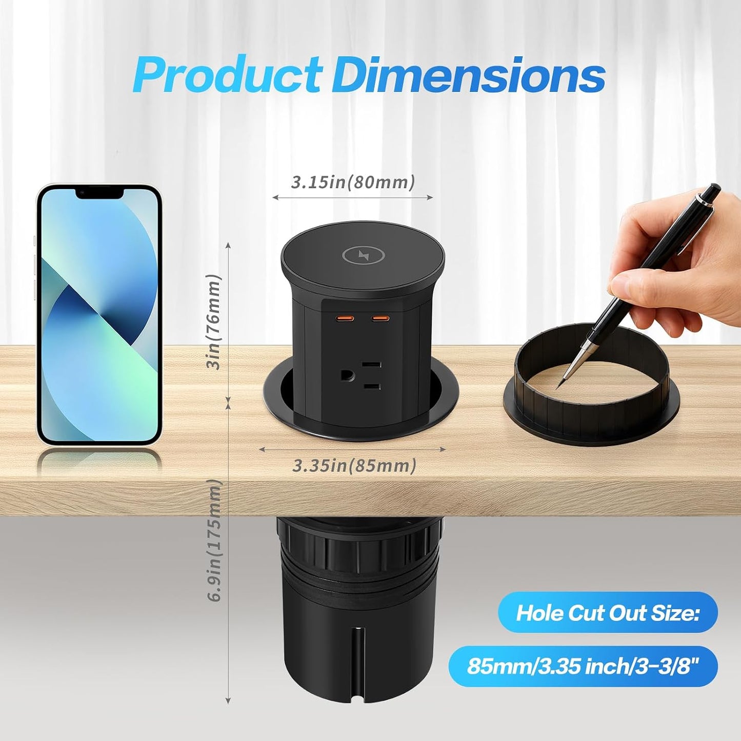 Pop Up Outlet with 15W Wireless Charger, 4 AC Outlets 1875W PD 30W Supercharging 2 USB-C Ports USB-A Ports, 3.35" Hole Desktop Power Grommet for Home Office (Black) 3.35-inch hole-black