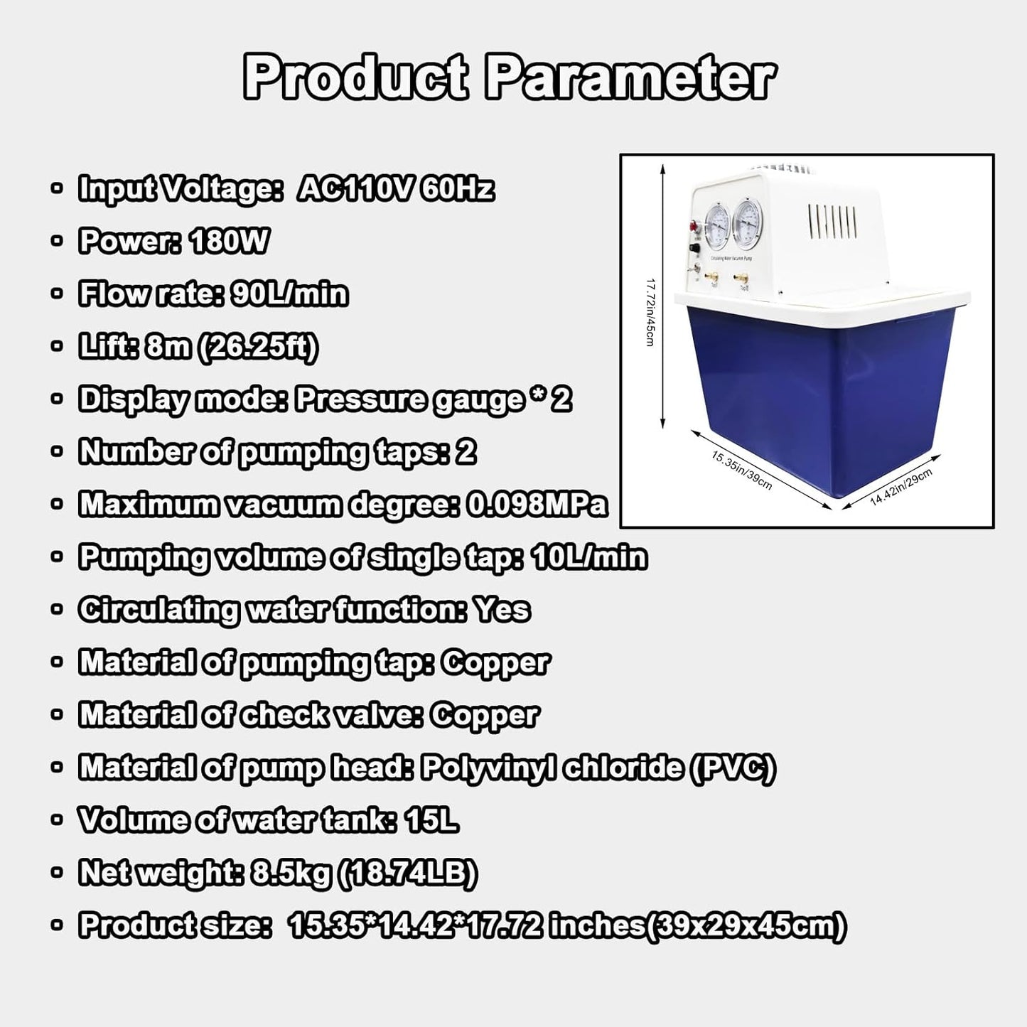 INTBUYING Water Circulating Vacuum Pump with 15L Water Tank Flow Rate 90L/min Water Circulation for Lab Chemistry Equipment
