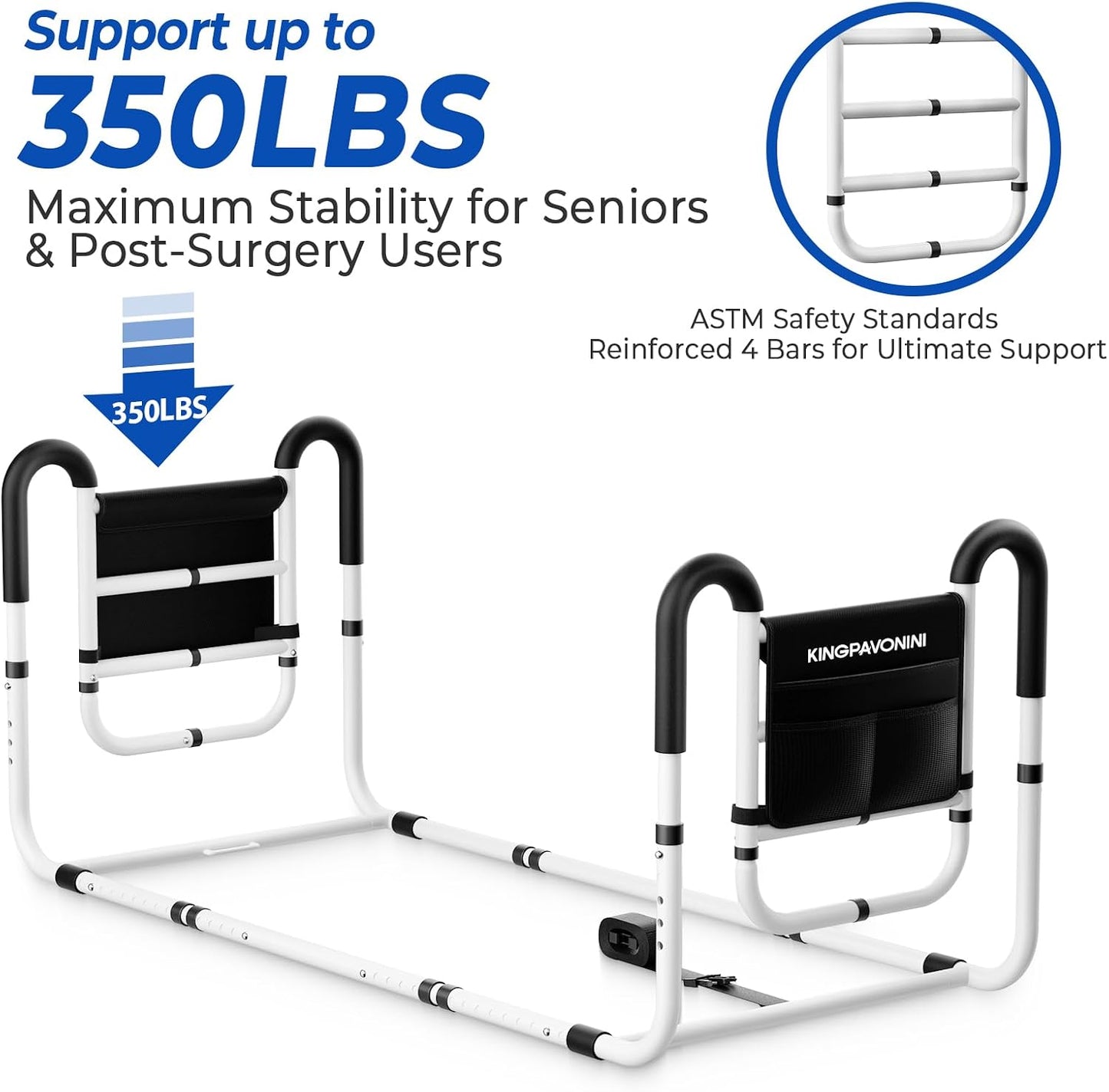 KingPavonini Dual Side Bed Rails for Elderly Adults Safety ASTM-Approved, 2026 Upgrade Ergonomic U-Handles & 4-Bar Anti-Tip Support, 350lb Bed Rails for Seniors with Storage Bag, No-Tools, Model BM10