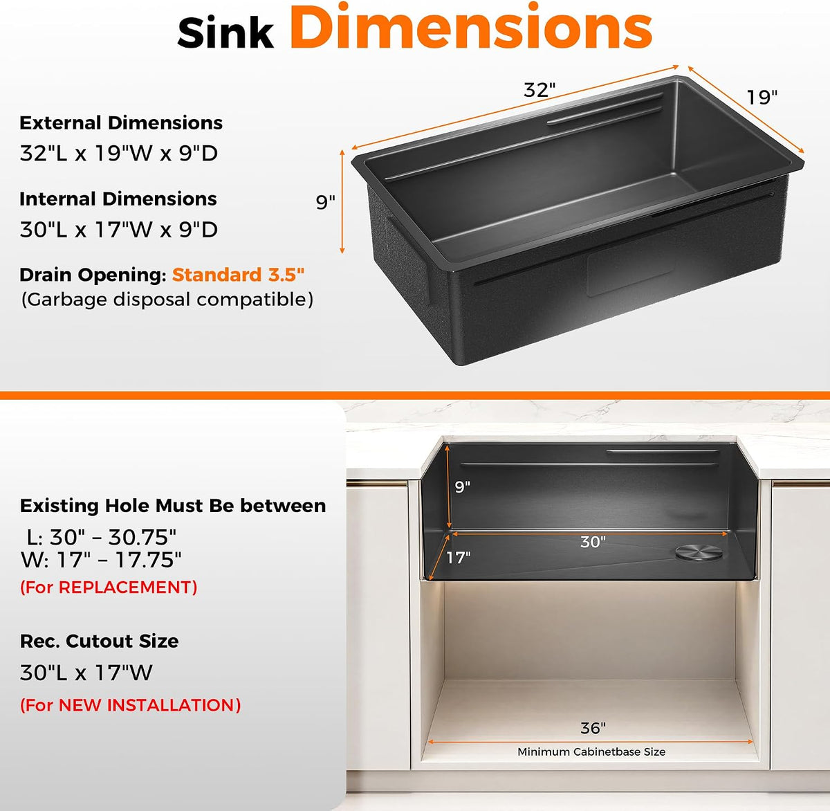 CAMMOO 32X19 Undermount Black Kitchen Sink, 304 Stainless Steel Sink ‎Gunmetal Black 32x19 Inch