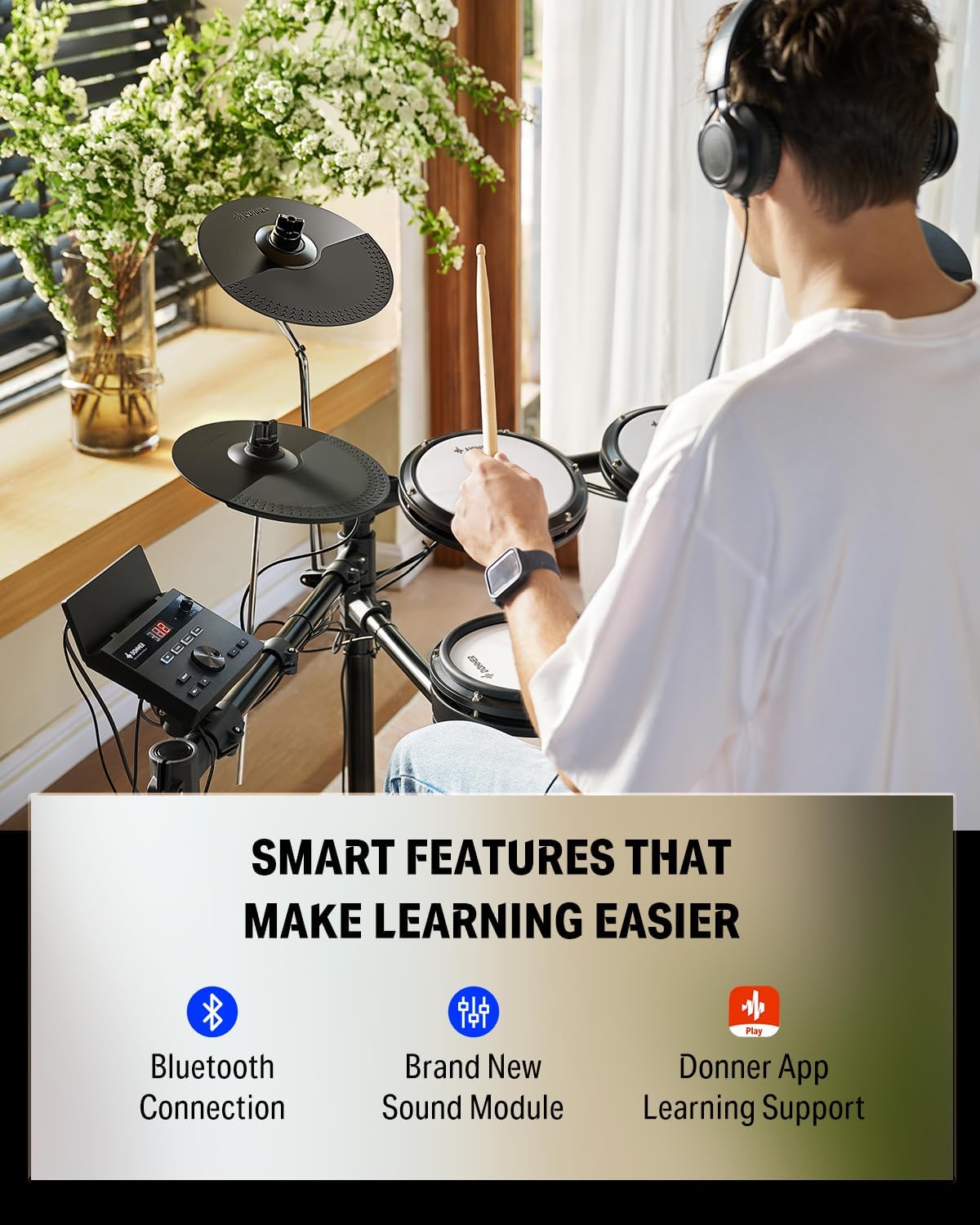 Donner Electric Drum Set for Beginners, Electronic Drum Kit with Quiet Mesh Pads, Bluetooth, Drumsticks, Throne, 5 Pads 3 Cymbals Digital Drum, DED-100(2026)