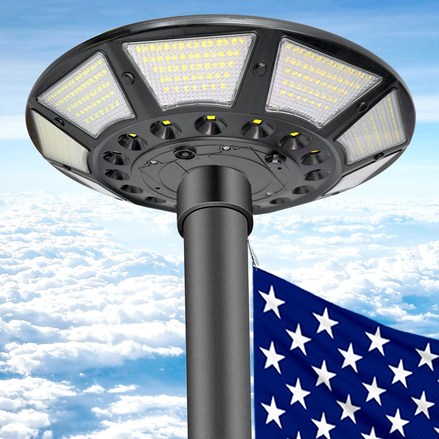 Flagpole Solar Light 6000 Lumens Brightest 566 LED Flag Pole Light Solar Powered with DC Charge Port Last Up to 20 Hrs Outdoor Dusk to Dawn IP67 Waterproof for Most 15 to 40ft Flag Poles Black