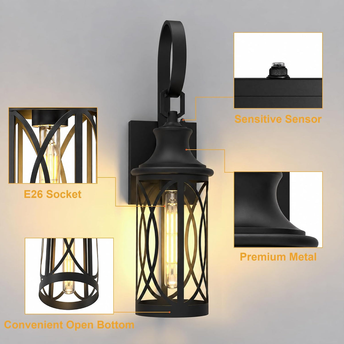 20IN Dusk to Dawn Outdoor Light, Black Wall Light Fixture 2-Pack