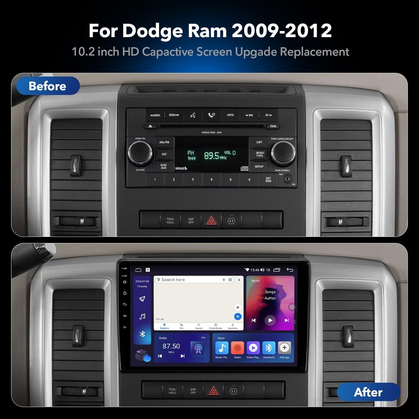 10.2" 8 Core 4+64GB Car Radio Stereo Upgrade for 2009-2012 Dodge Ram 1500 2500 3500, Plug and Play Android 13 Head Unit with Wireless Carplay/Android Auto/1080P Backup Camera 10.2'' QLED TOUCHSCREEN