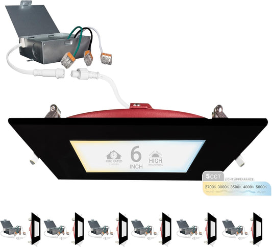 LED Recessed Light 6 Inch 2 Hour FIRE Rated , 2700K/3000K/3500K/4000K/5000K Selectable, 1200 Lumen Dimmable, IC Rated, Square Black Trim Ultra-Thin