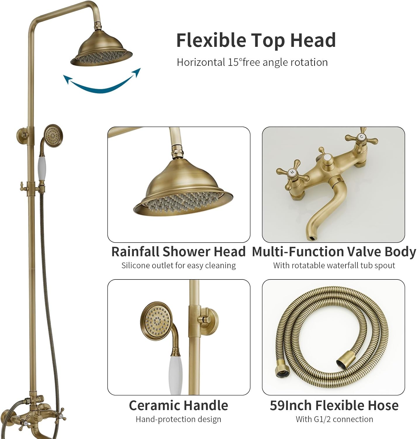 Bathfinesse Outdoor Shower Faucet Antique Brass, Bathroom Shower System Set with 3 Shower Function, Exposed Pipe Shower System, Wall Mount (Antique