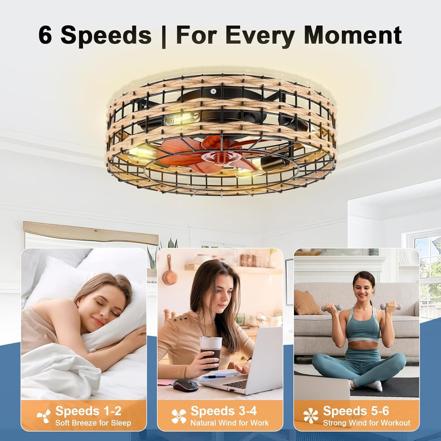 Low Profile Flush Mount Fandelier, Caged Ceiling Fan with Remote, Black Bladeless Enclosed Small Ceiling Fan Lights Fixtures for Bedroom Farmhouse (Rattan)