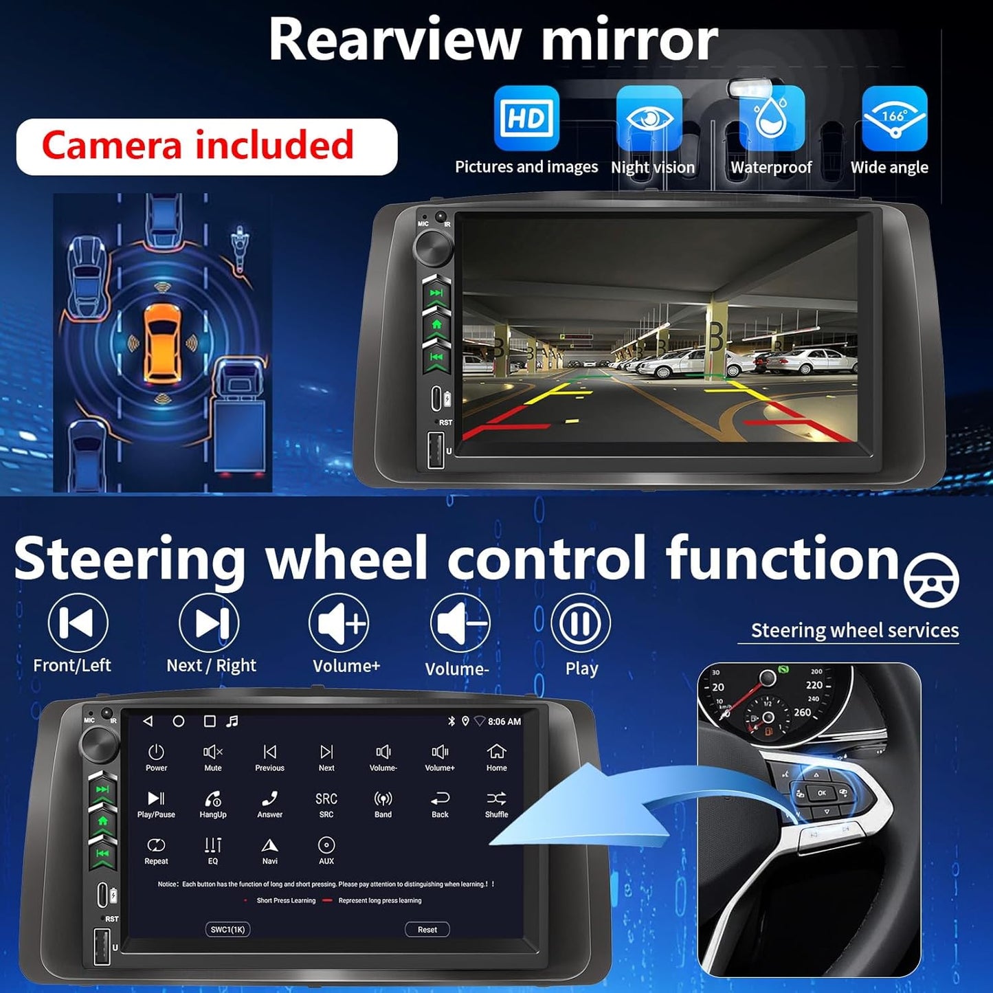 Plug&Play Car Stereo for Toyota Corolla 2003 2004 2005 2006 2007 2008, 7 Inch IPS Touch Screen with Wireless Carplay/Android Auto/MirrorLink,SWC/Backup Camera,DSP,AM/FM Radio