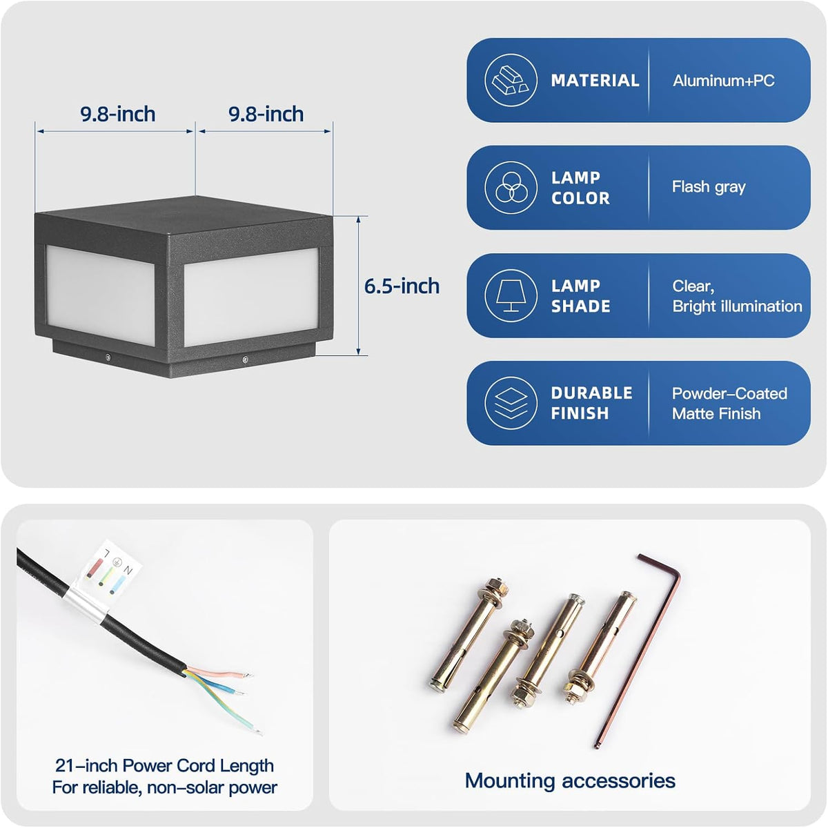 9.8" Outdoor Post Lights Hard Wired, Waterproof AC100-240V Column Light, 3000K Modern Pillar Lights, LED Deck Square Post Light Fence Lamp for Patio Garden Gate Entrance Posts with E26 Bulb