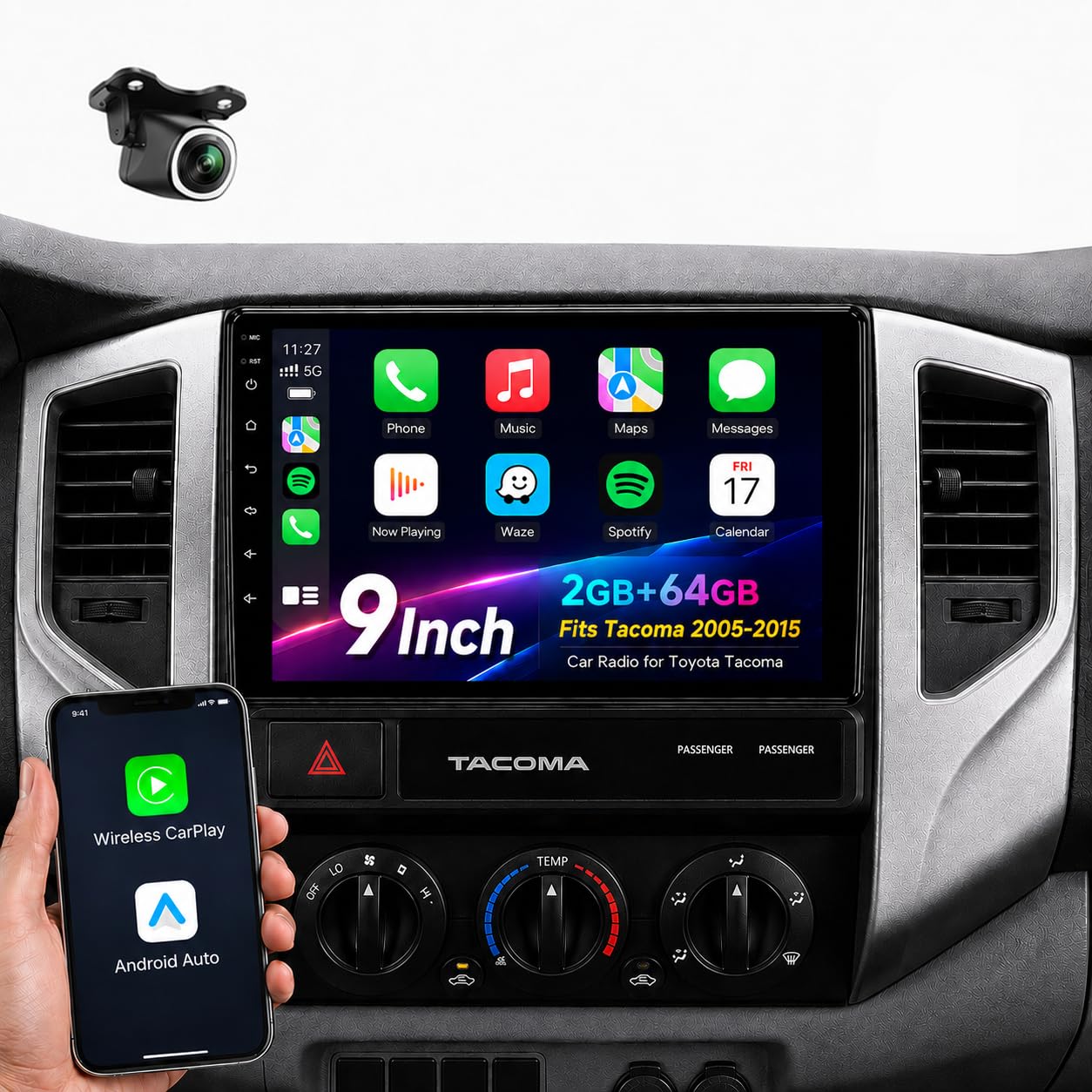 Wireless CarPlay Radio for Toyota Tacoma 2005 2006 2007 2008 2009 2010 2011 2012 2013 2014 2015, JBL Compatible Android Auto Stereo, 2GB+64GB GPS Bluetooth, 1080P Backup Camera Tacoma2005-2015