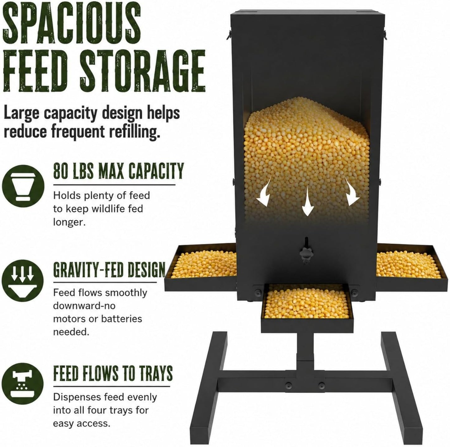 50 lbs Deer Feeder with 4 Feeding Tray, Gravity Deer Feeder with Adjustable Feed Outlet, View Window, Weatherproof Camo Cover, Metal Deer Feeders for Woodland, Farm, Ranch & Hunting Grounds